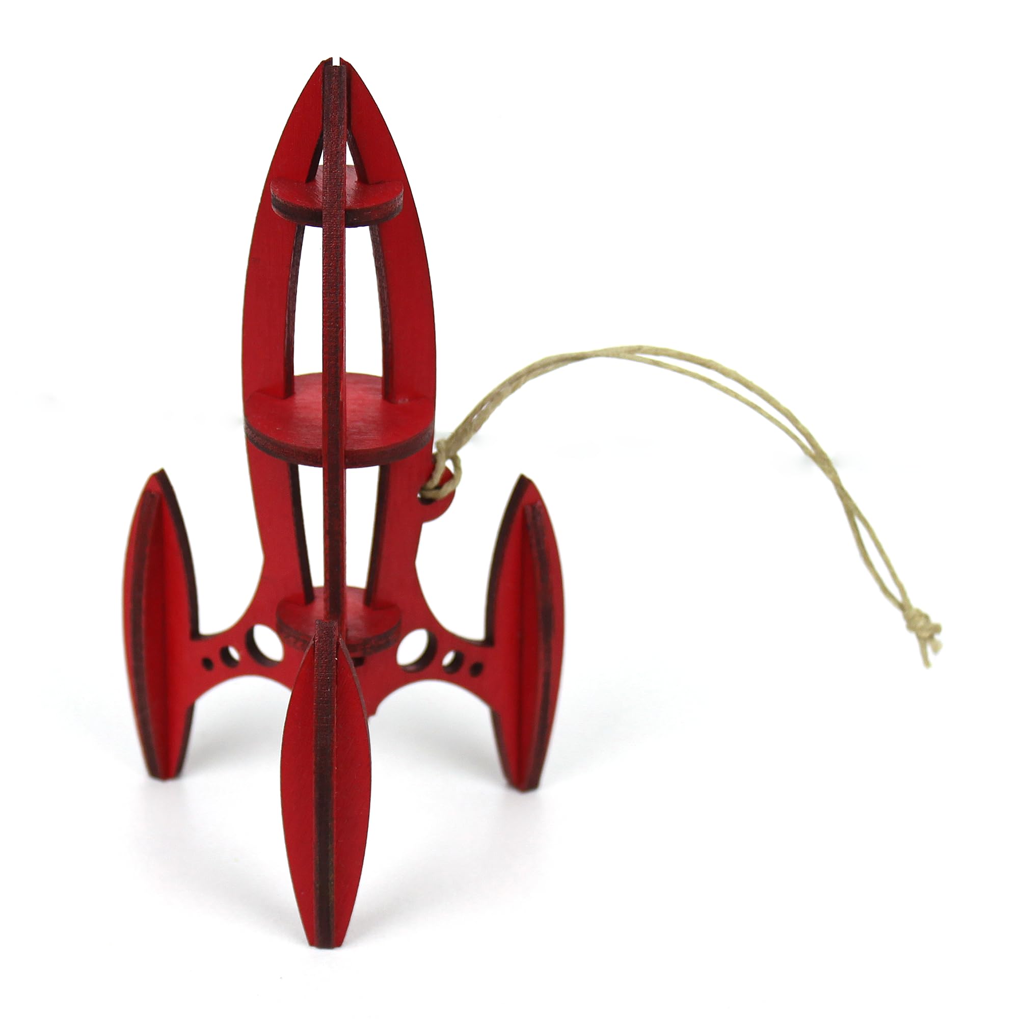 Red Retro Rocket Christmas Ornament birch wood laser cut