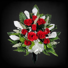 Silk faux grave flowers in a foam filled plastic vase