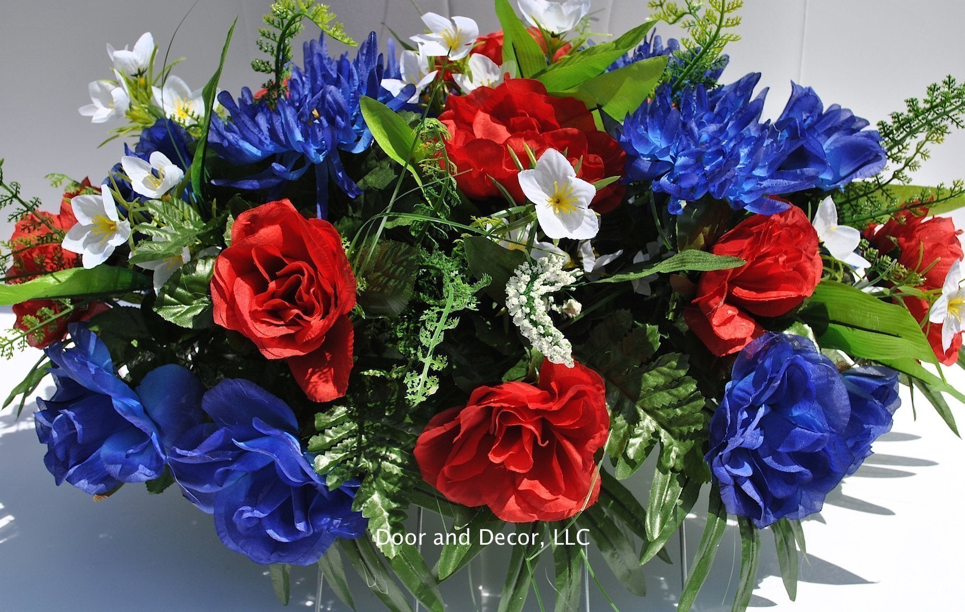 red roses blue spider mums blue roses and white forget-me-nots bouquet