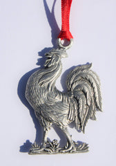 Rooster Ornament with red satin ribbon and attached tag