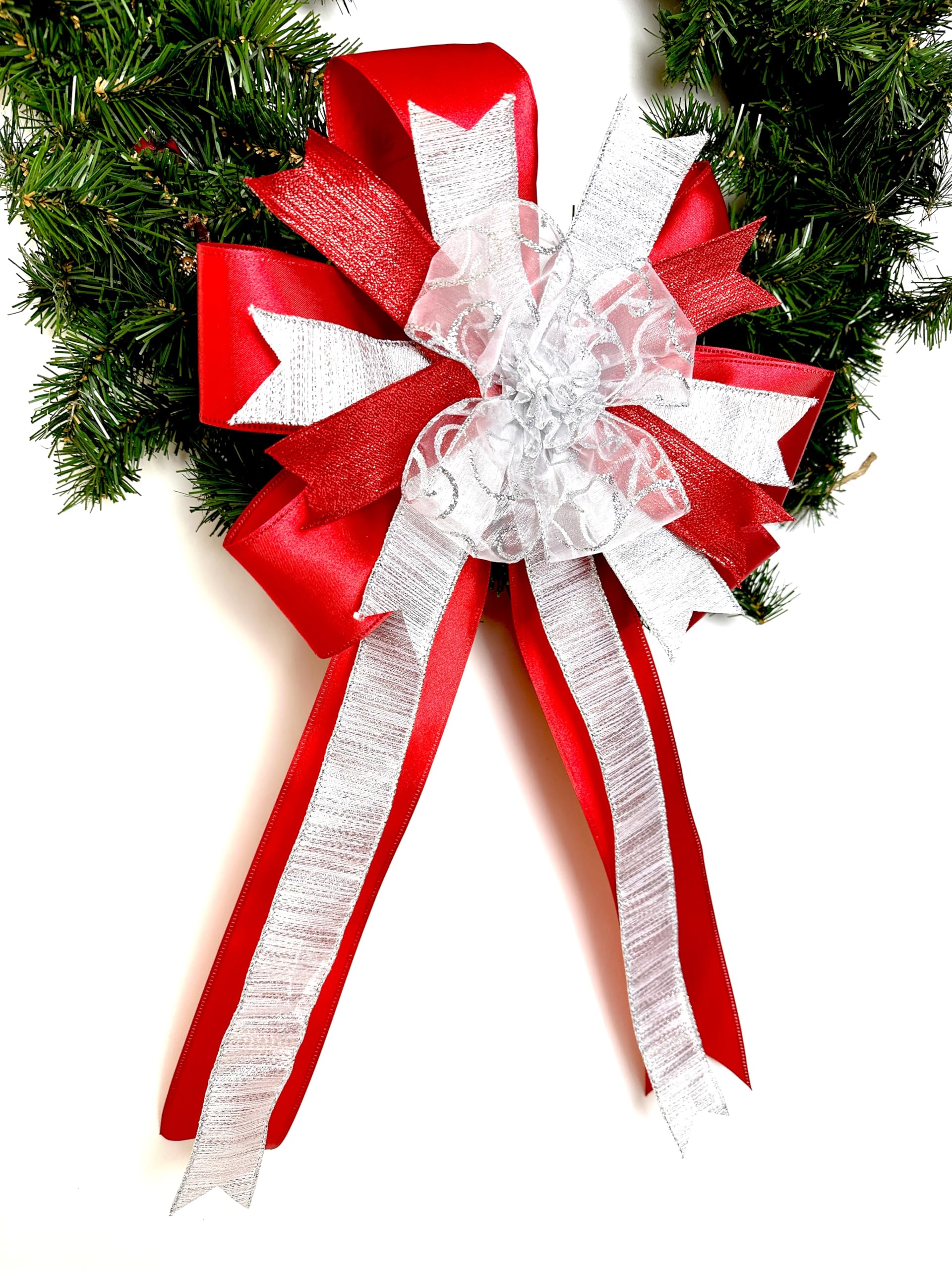 Bow uses 2.5 inch red satin wired ribbon and 2.5 inch silver glitter wired ribbon