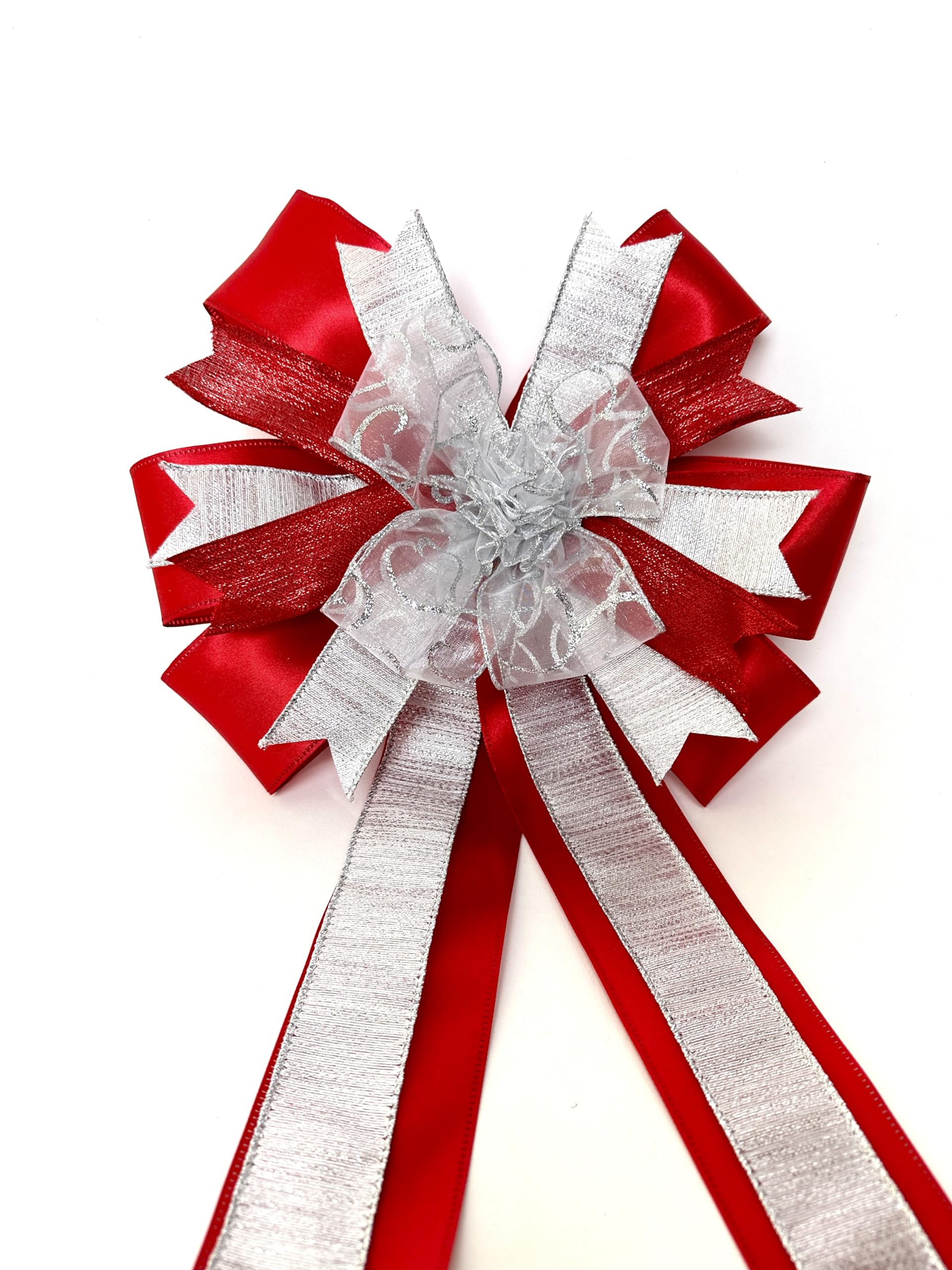Red and Silver Wreath Bow 12 inch wide with four tails