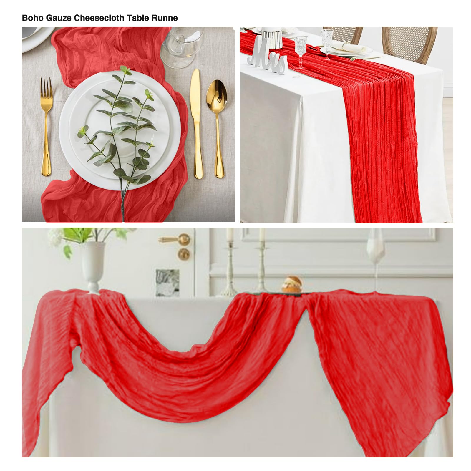 Boho red cheesecloth table runner for festive tables