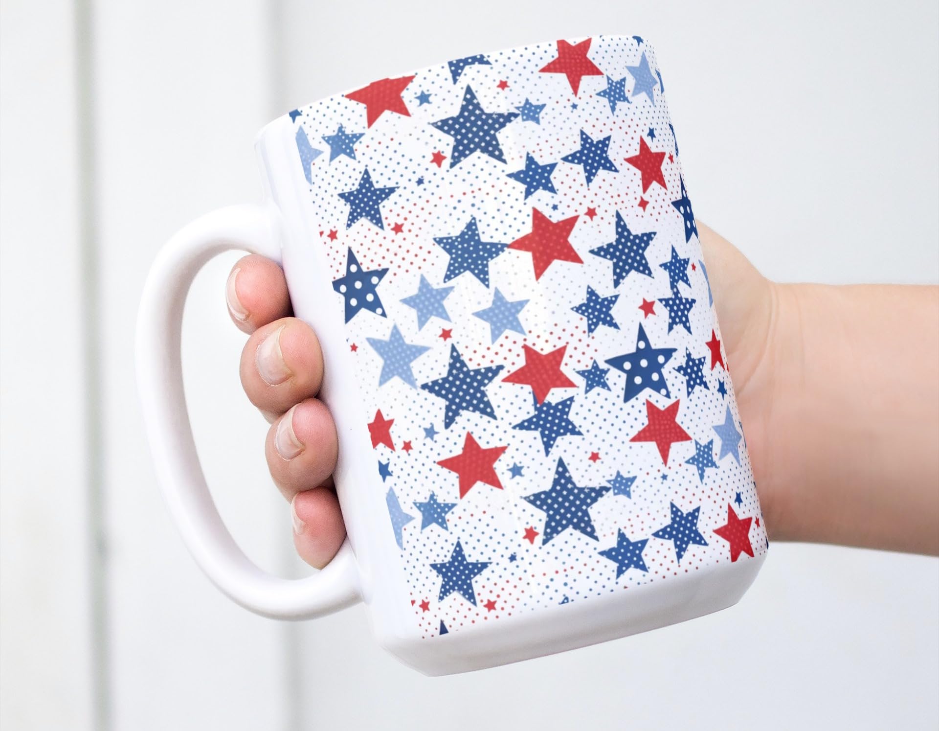 White ceramic mug with full color patriotic print red white blue