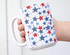 White ceramic mug with full color patriotic print red white blue