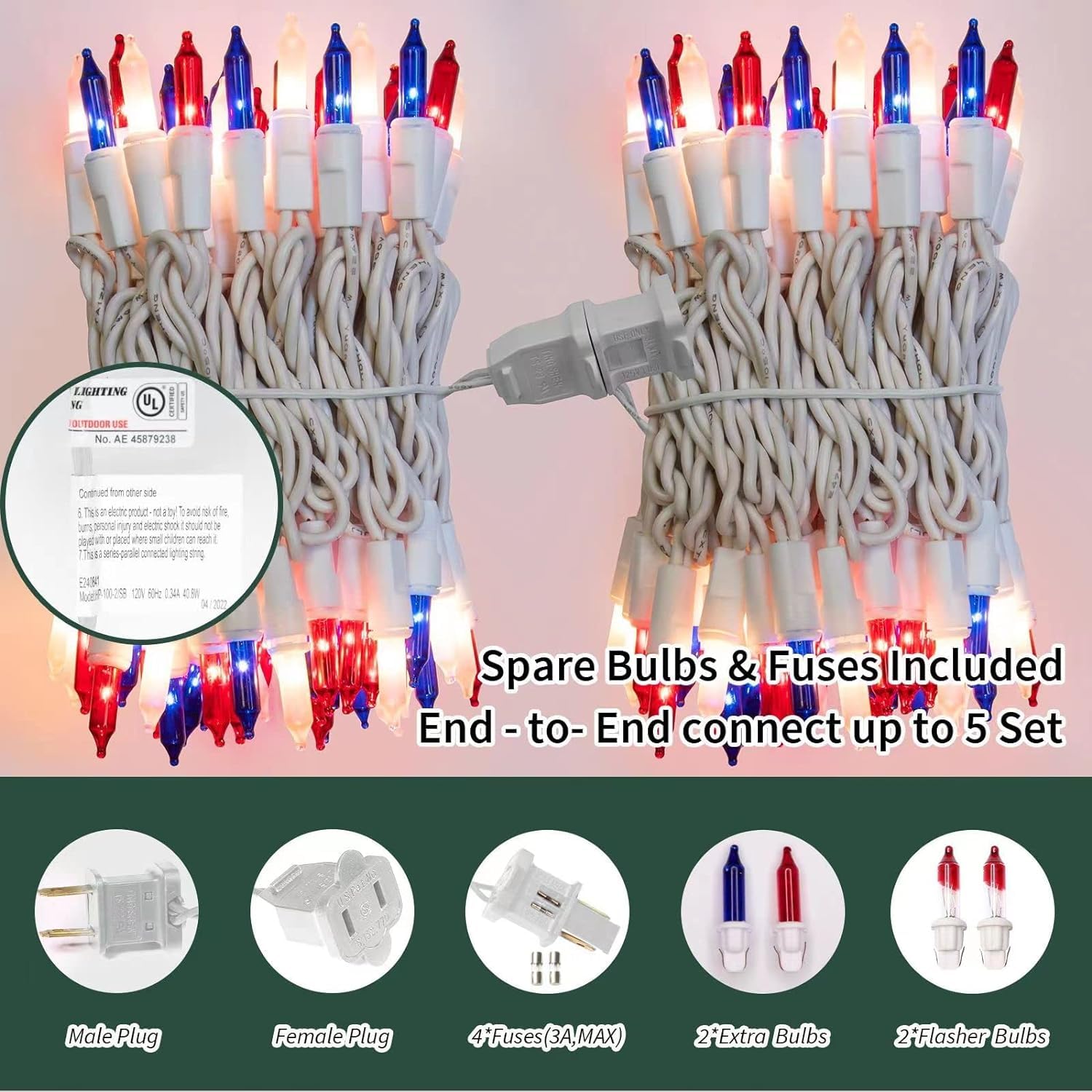 Red White and Blue Mini String Lights with White Wire by LAMPHOME