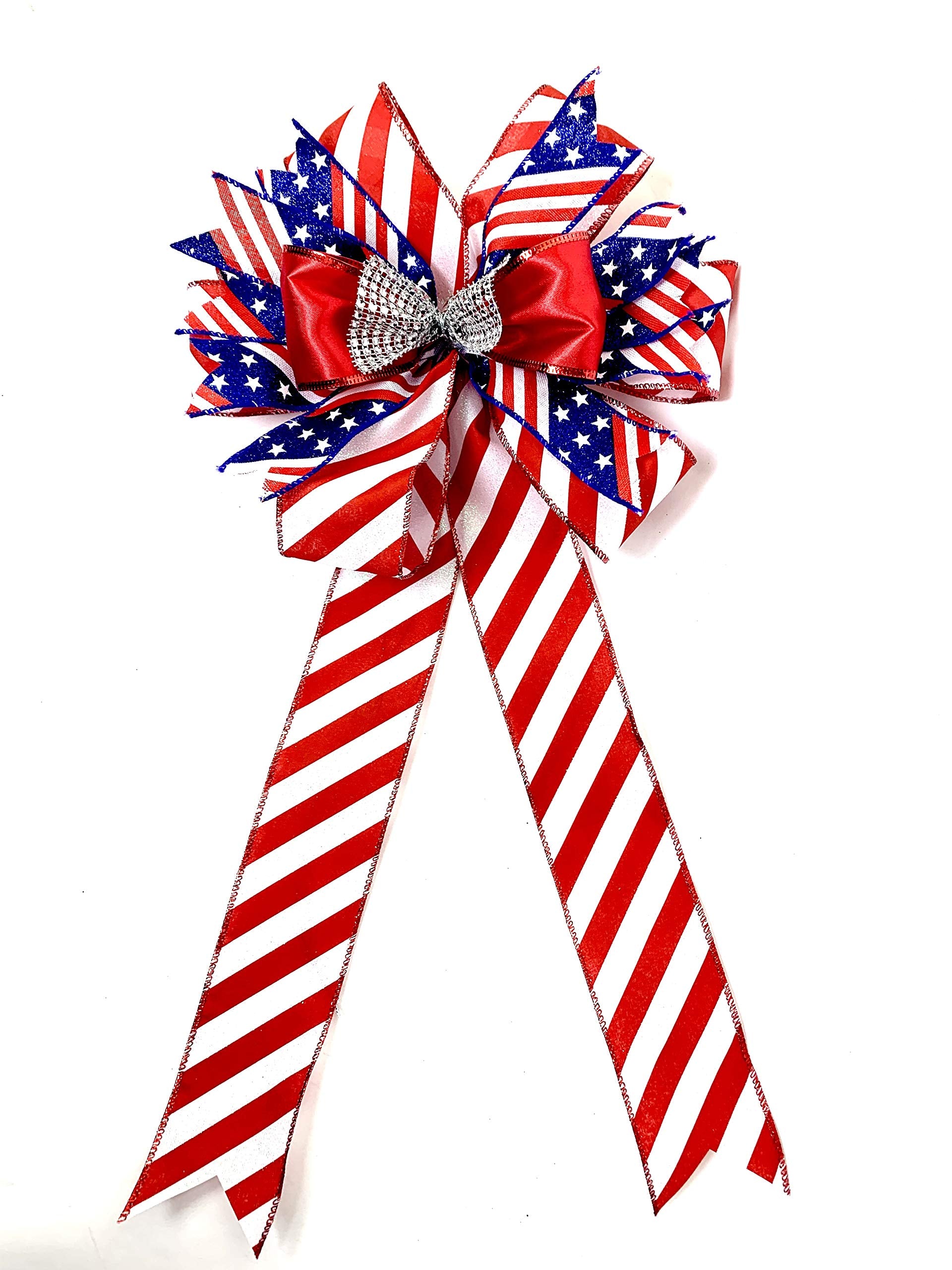 Red White Blue striped sparkle ribbon bow for Americana decor
