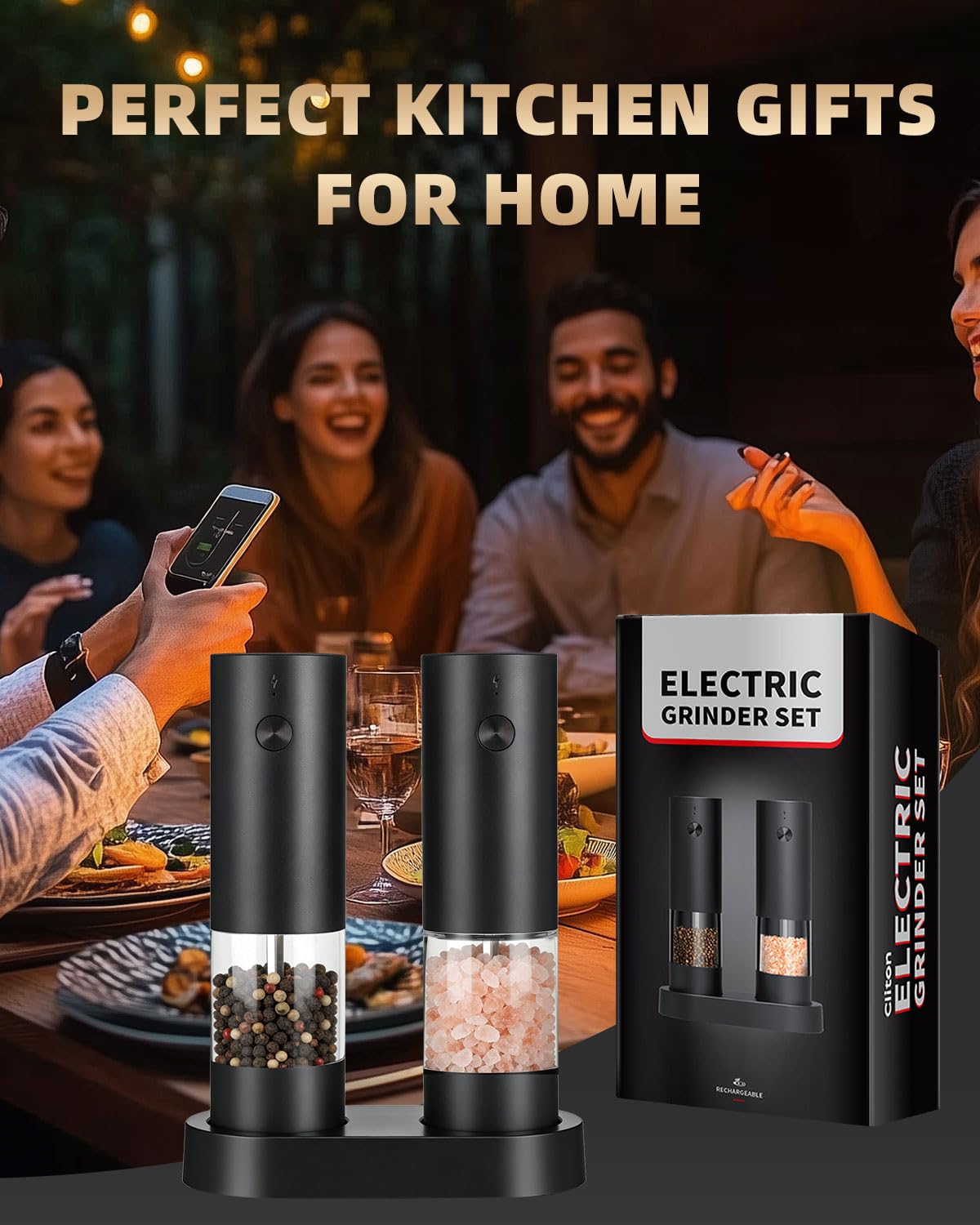 Salt pepper grinder set compact design on dining table