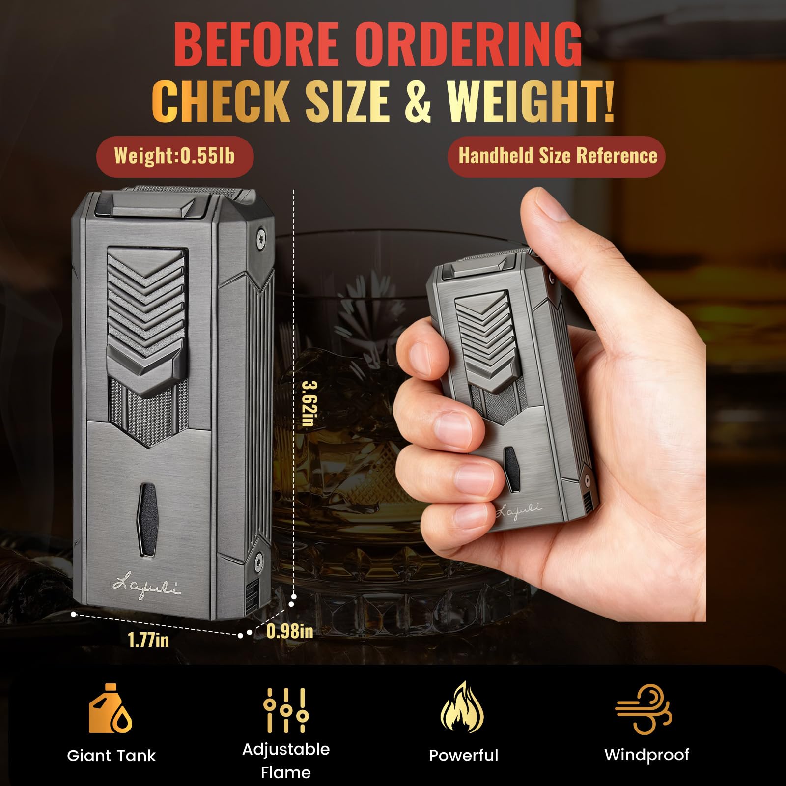 Travel-ready refillable torch lighter in premium box