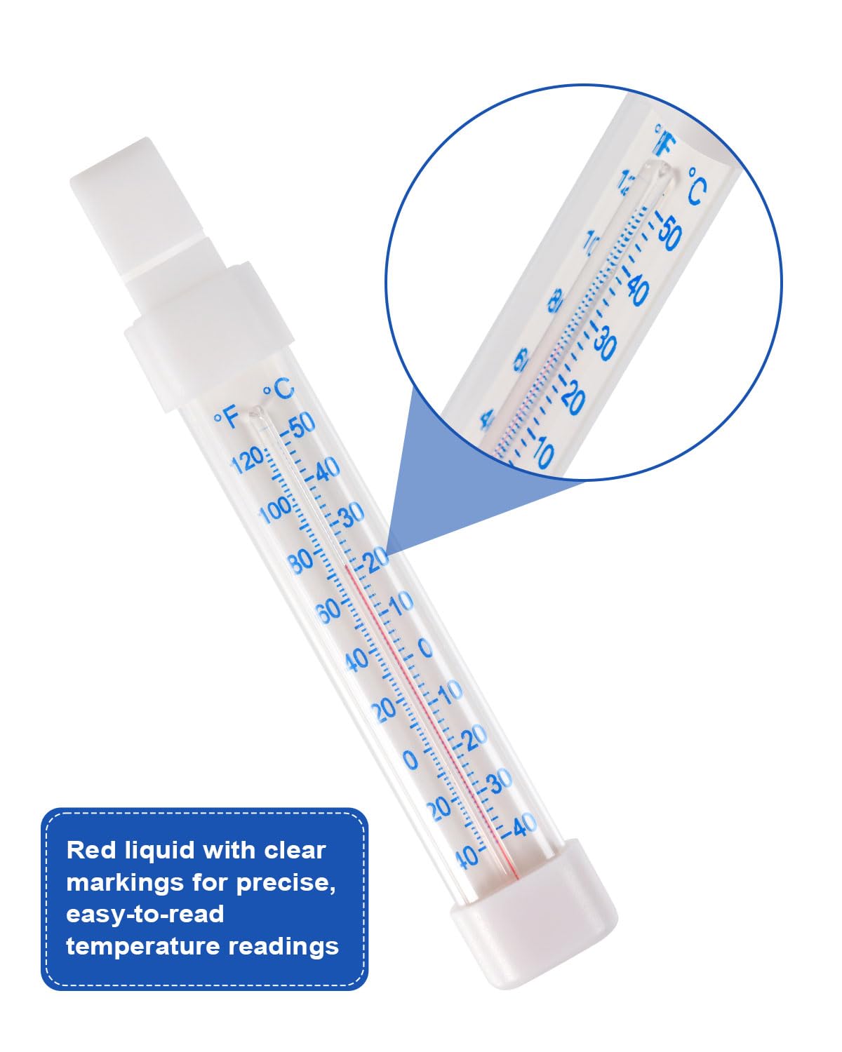 Dual display refrigerator thermometer showing Fahrenheit and Celsius