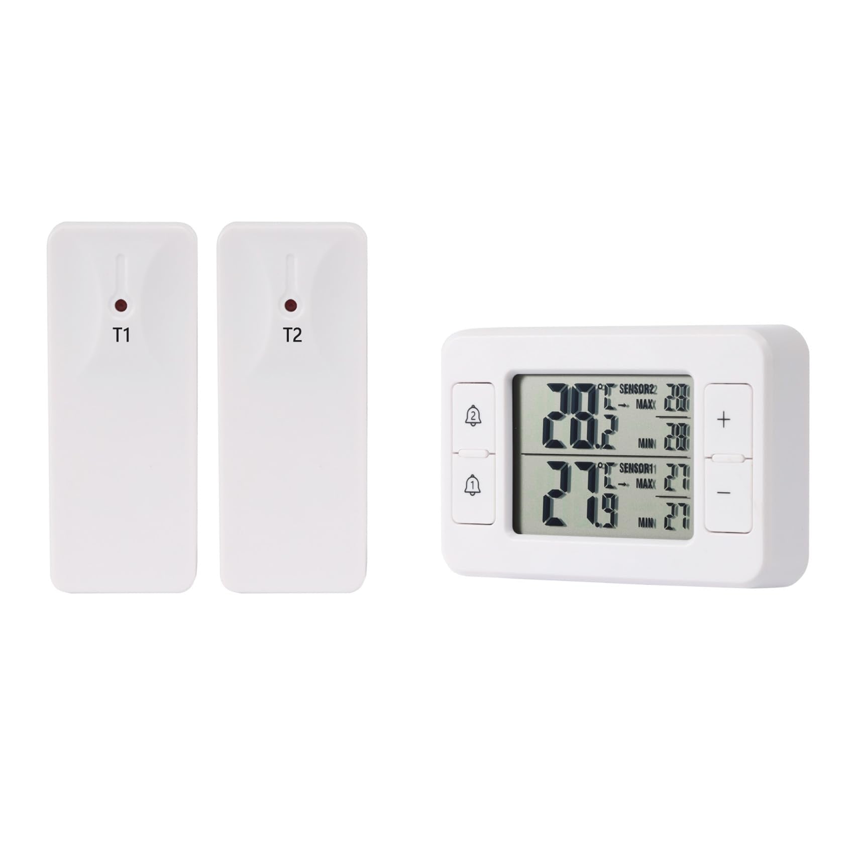 Refrigerator thermometer with wireless sensors and indoor console