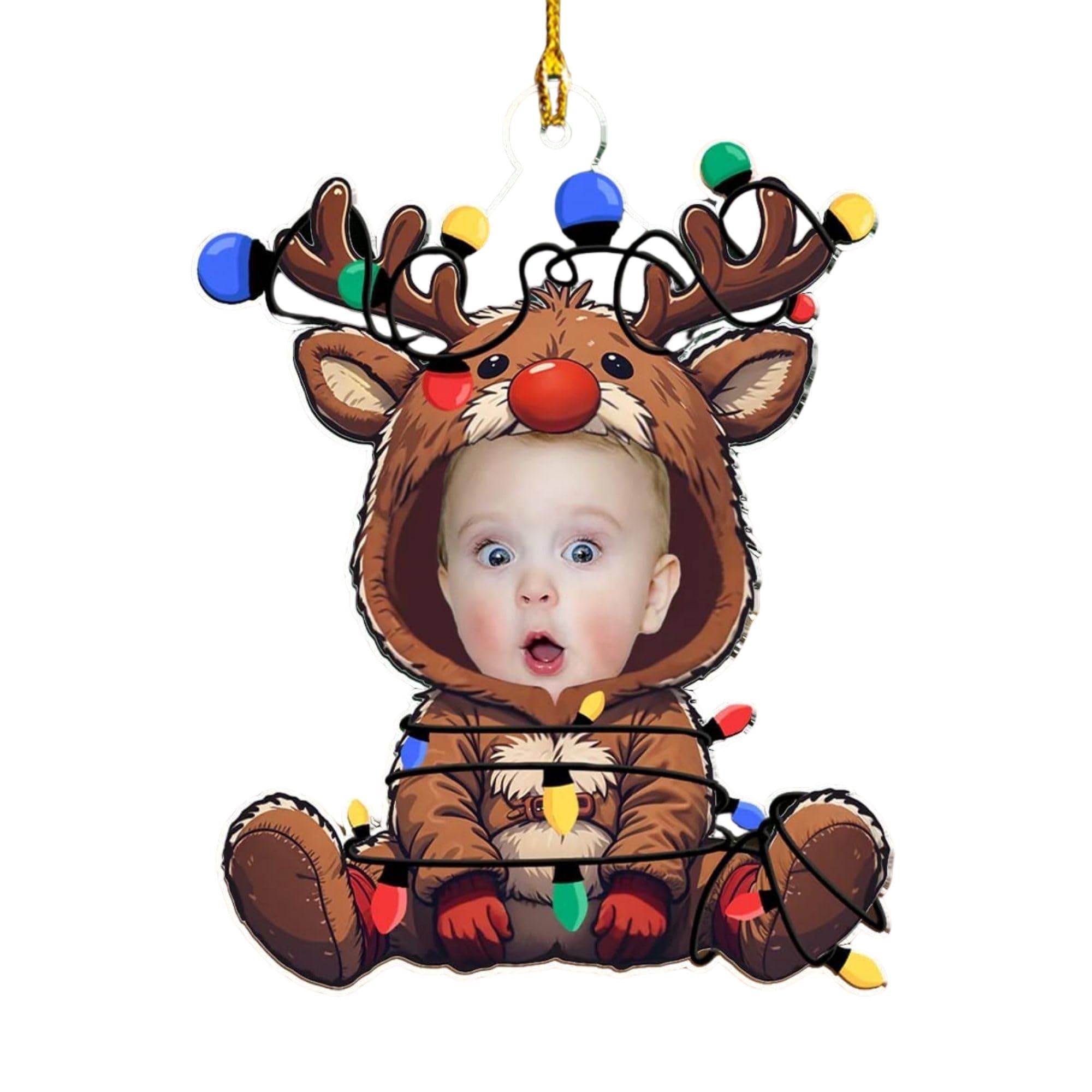 Reindeer baby christmas ornament with personalized photo