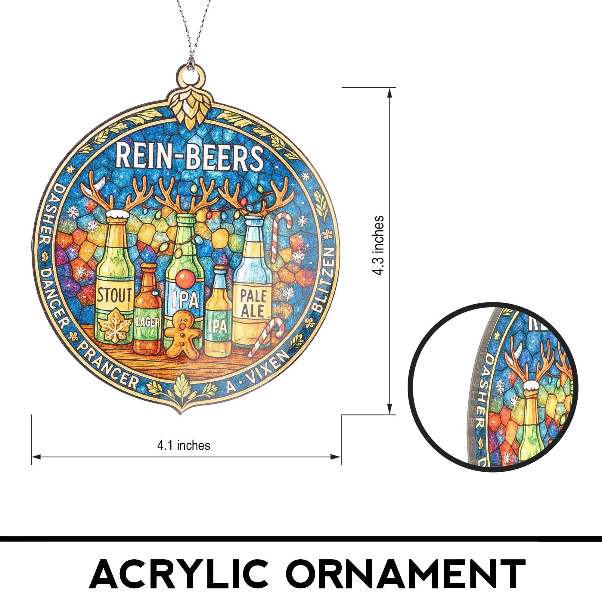 Reindeer beer gift ornament showing natural wood grain and sealant protection