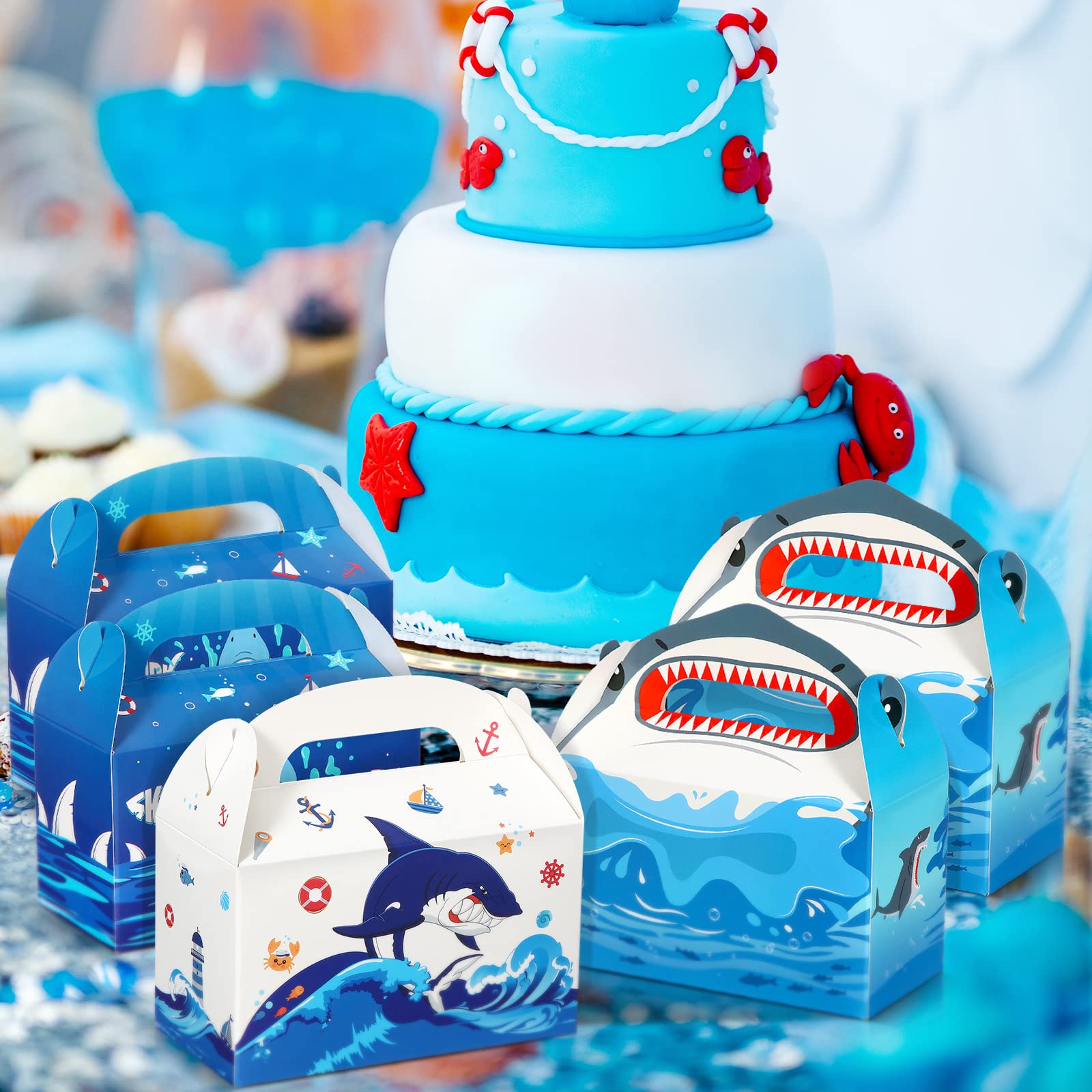 Shark party favor box holding candies and small toys