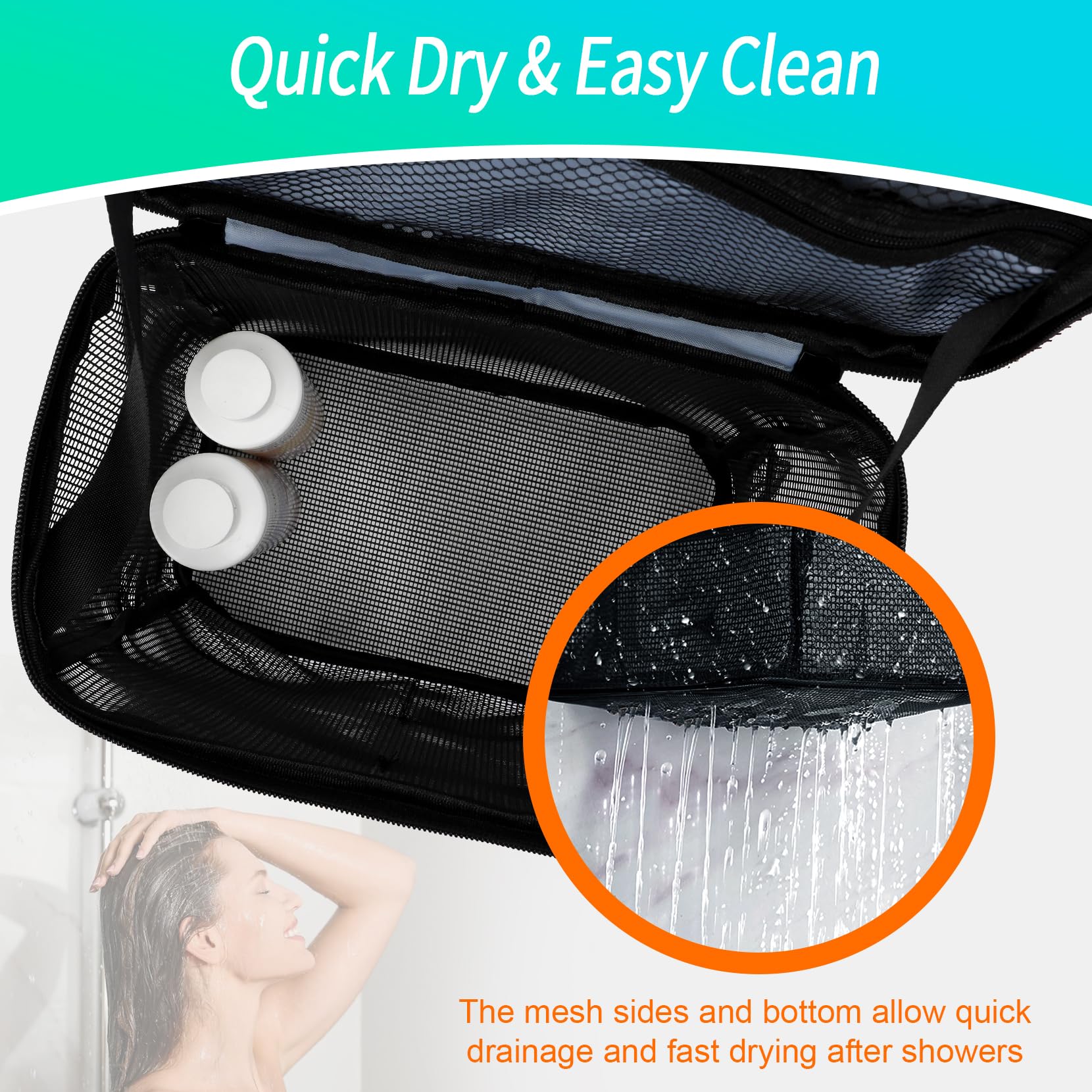 Shower caddy with reinforced double-stitched handles
