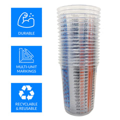 Clear graduated measuring cup for ounces milliliters and cups