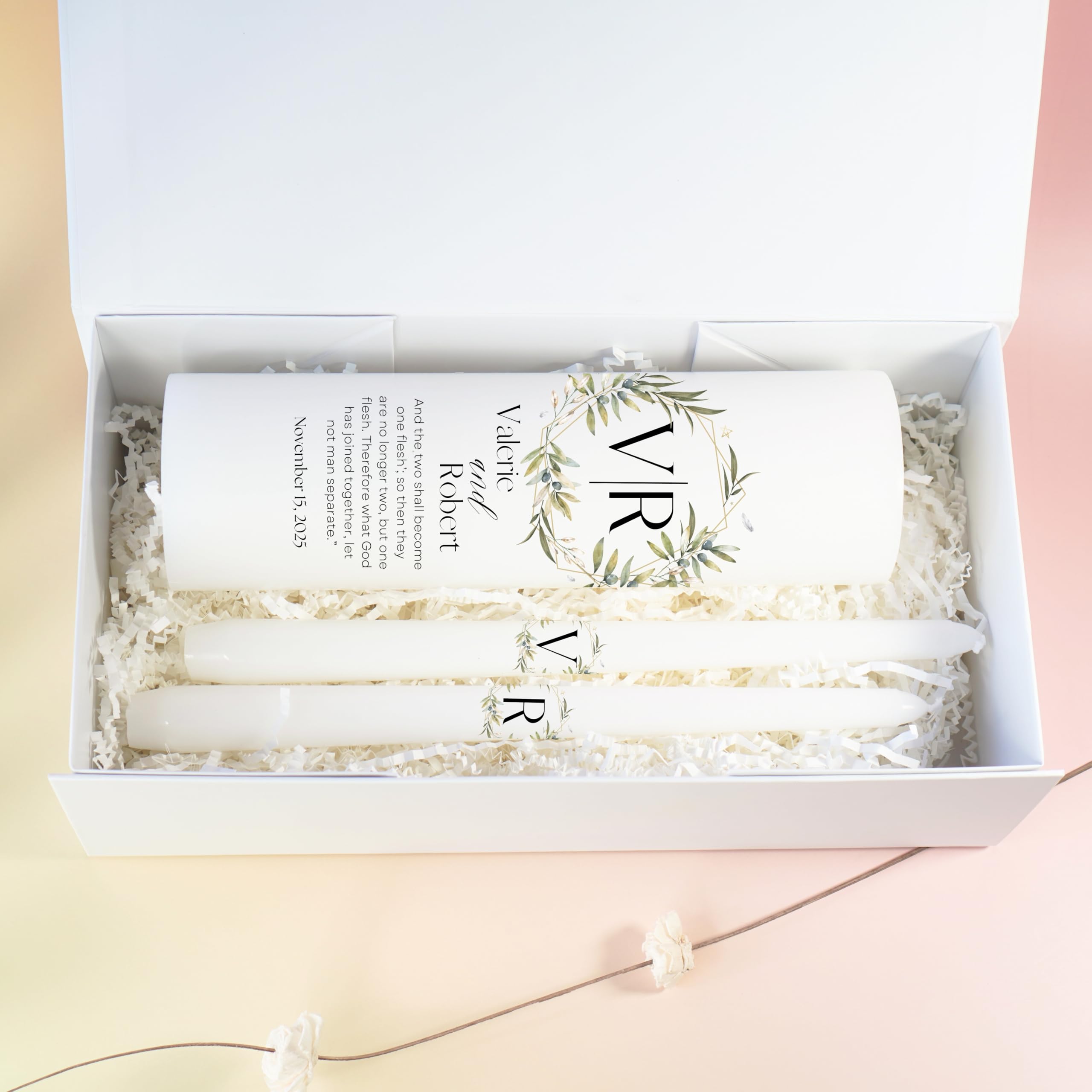 Religious wedding ceremony candles garden theme
