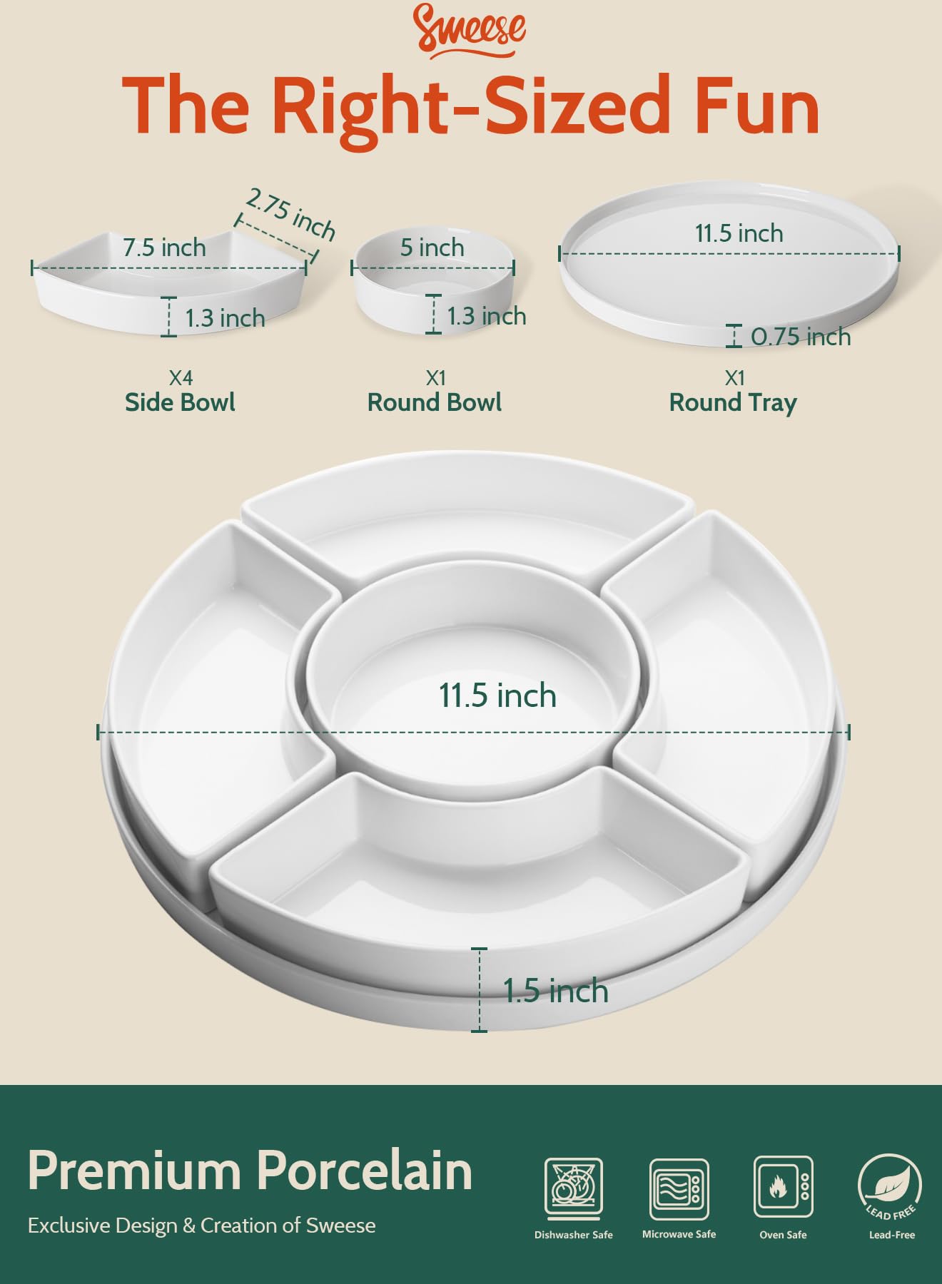 Relish tray with four bowls around central condiment bowl on white porcelain
