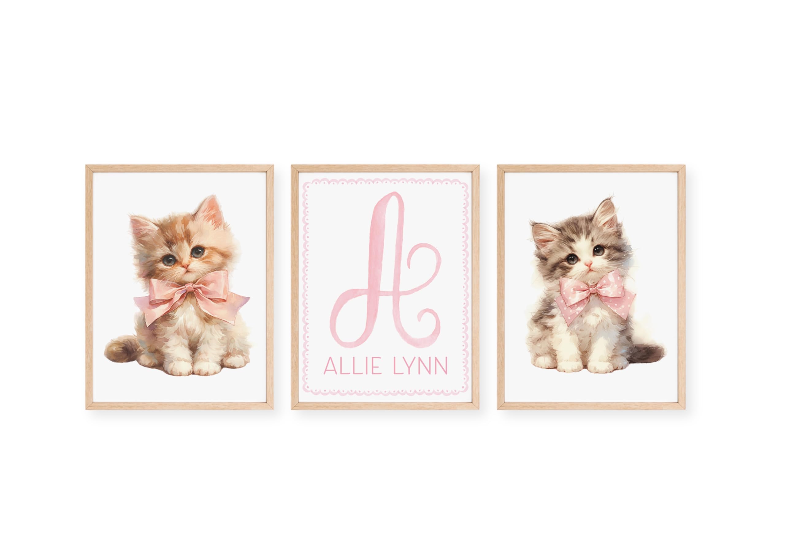 Rella kitten wall art set two kittens with pink bows personalized with baby's name and initial