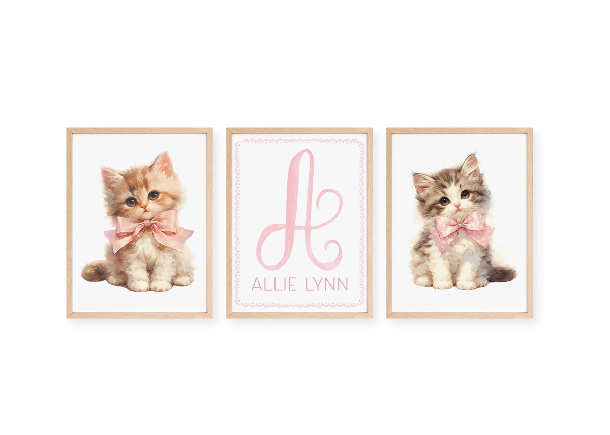 Rella kitten wall art set two kittens with pink bows personalized with baby's name and initial