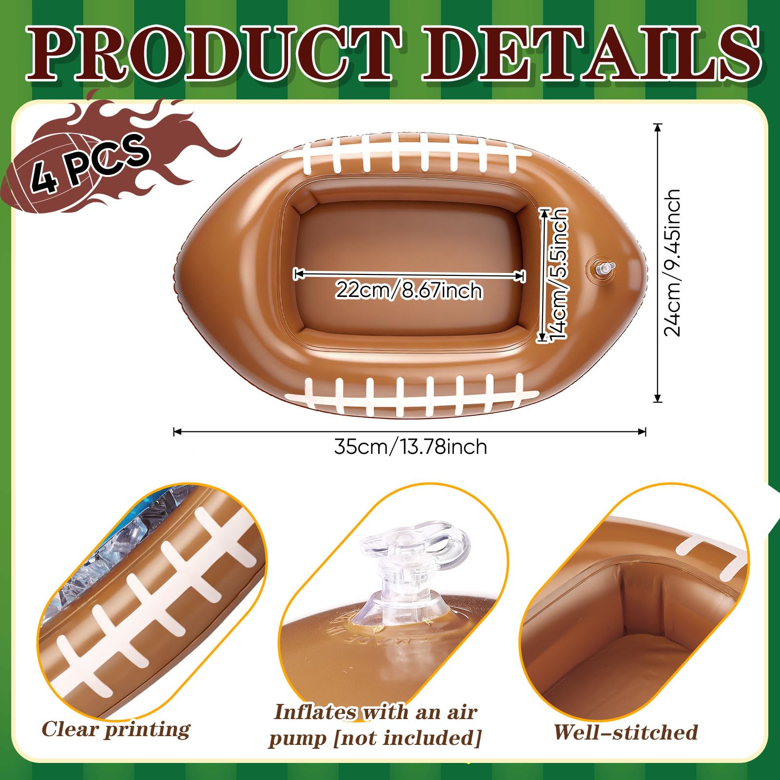External dimensions 35 x 24 cm inflatable football cooler
