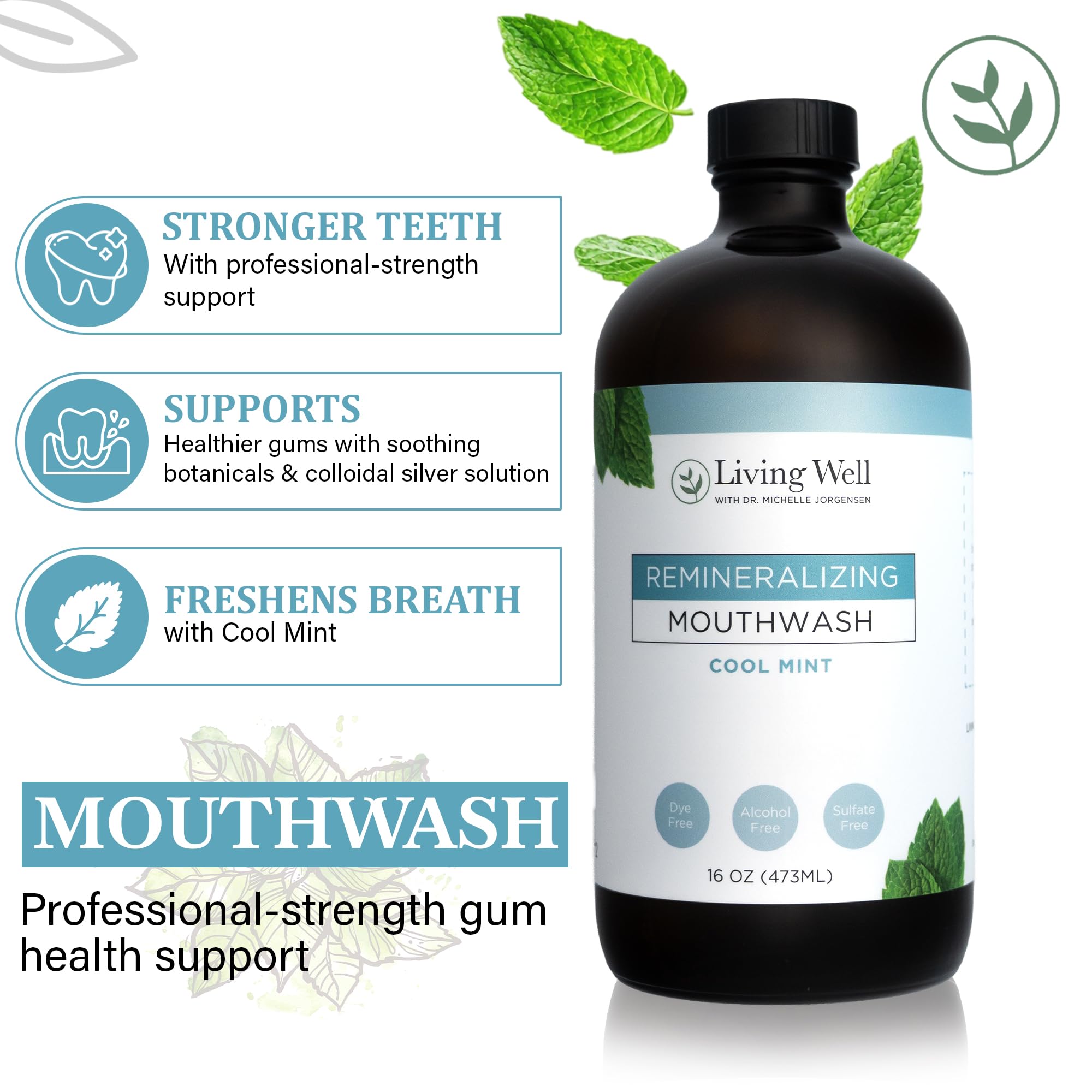Remineralizing mouthwash Cool Mint packaging and label
