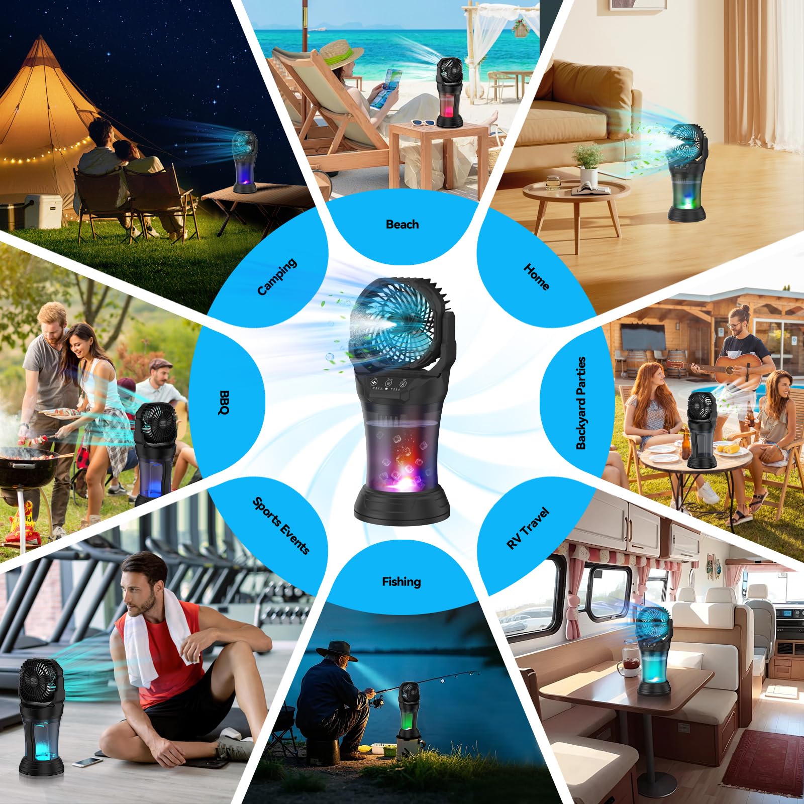 Misting fan in camping setup with water tank visible