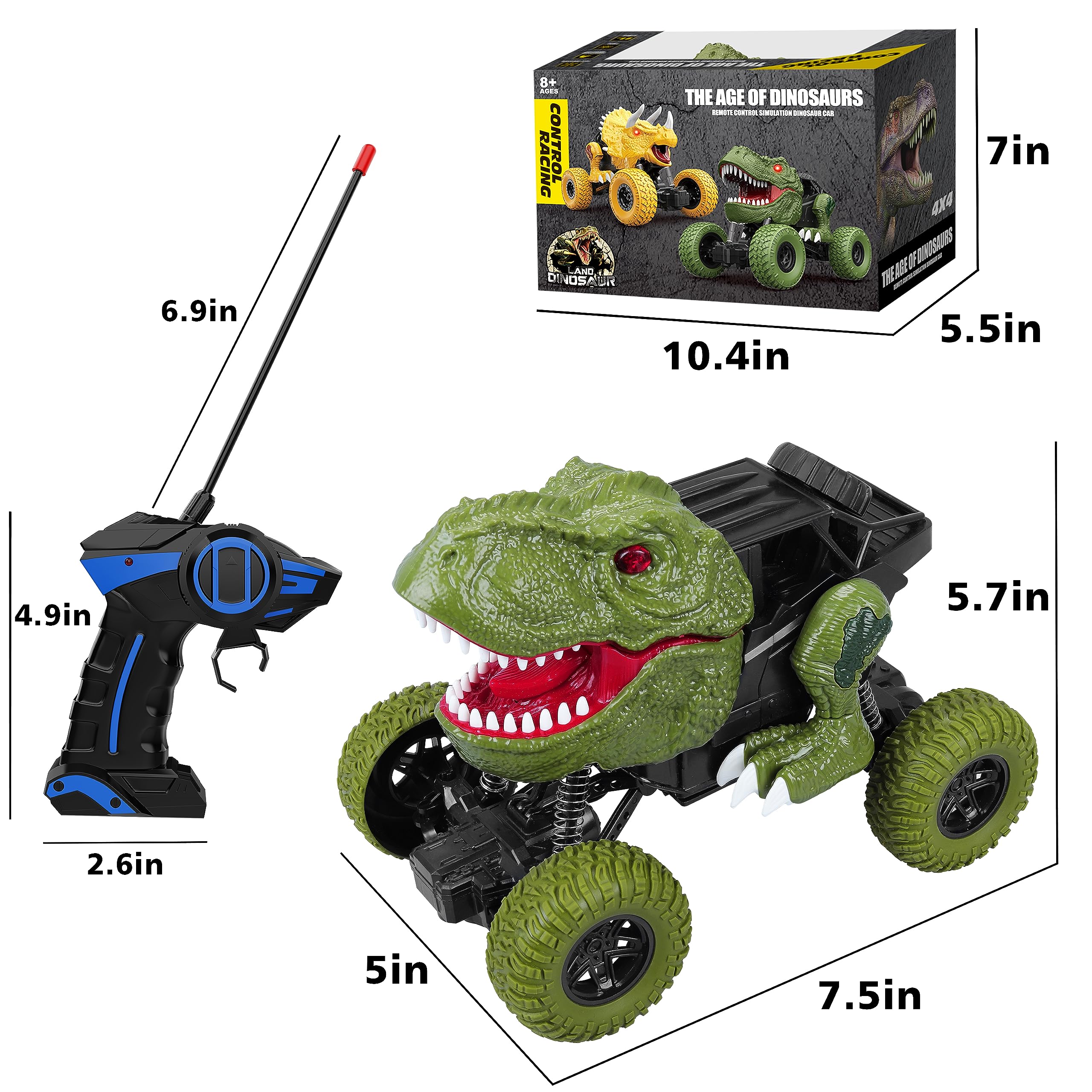 Remote control dinosaur car for kids with LED headlights