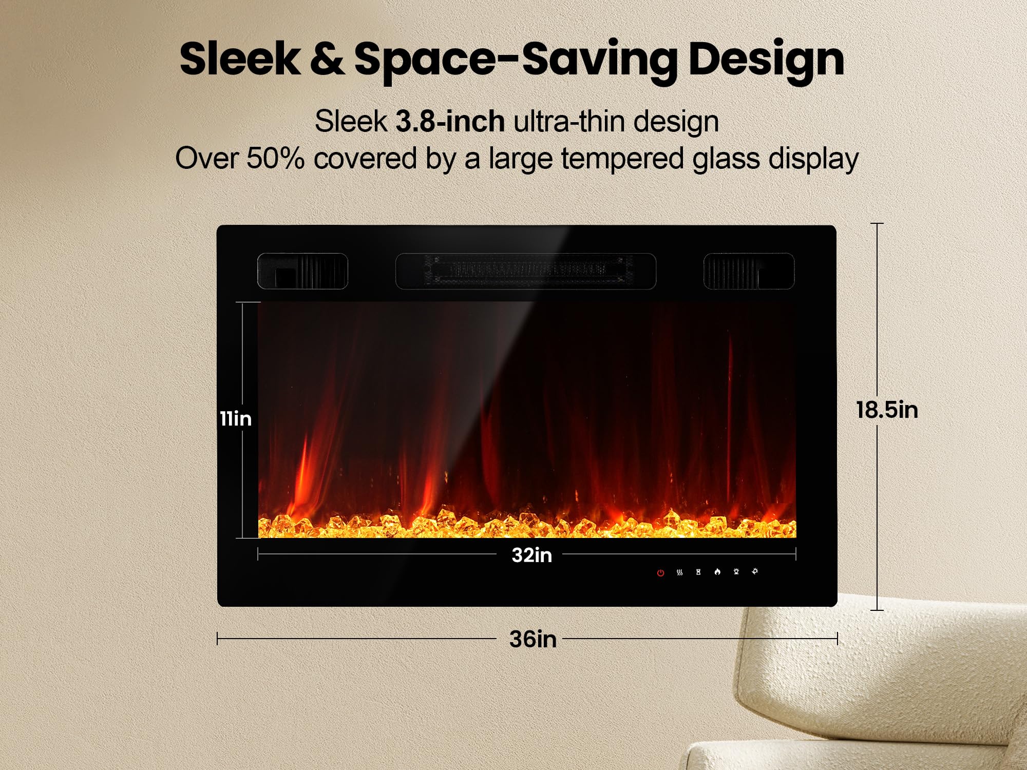 12 flame colors and 12 bed colors on 36 inch unit