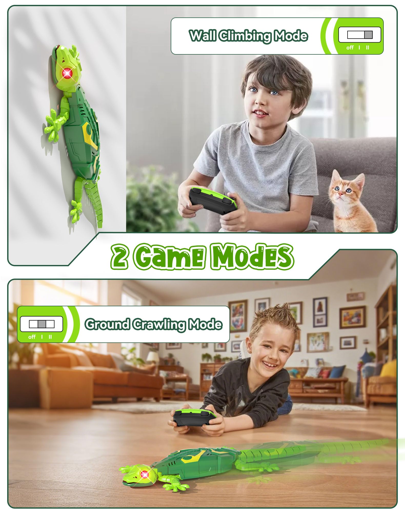 Gecko robot toy with glowing LED eyes and silicone tail