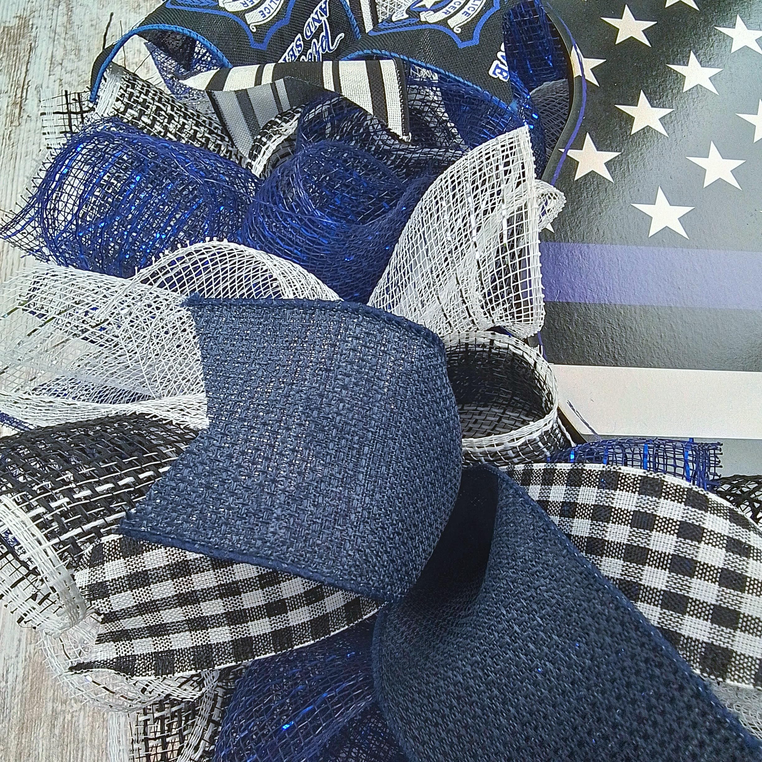Blue black white mesh with coordinating ribbons