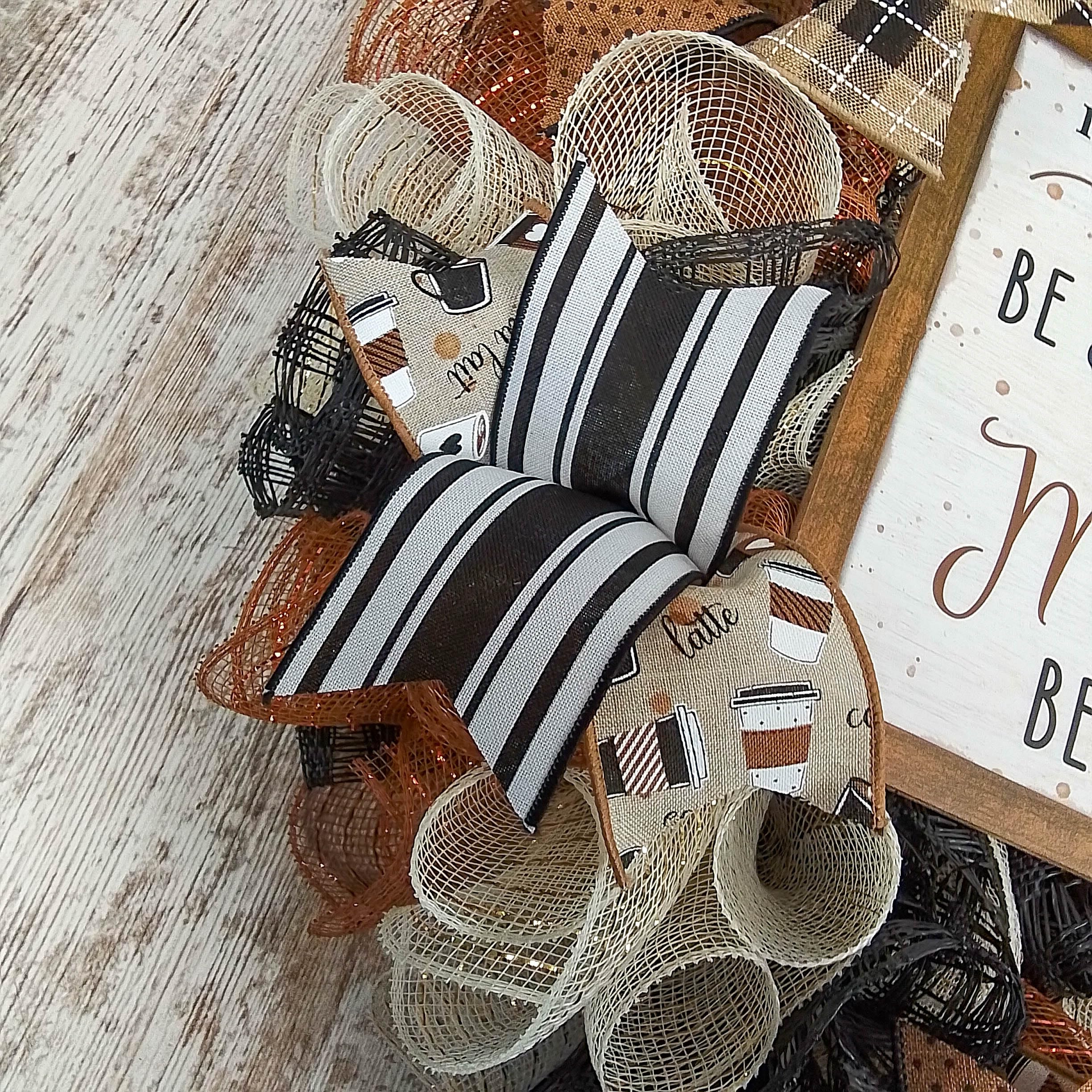Removable wooden coffee sign centered in wreath