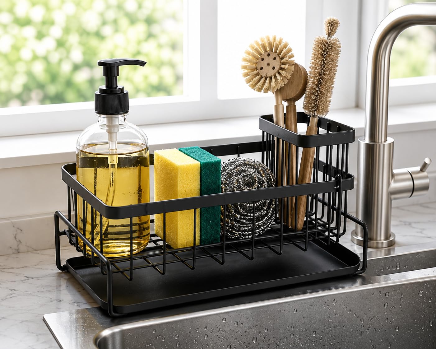 Rustproof sponge holder for kitchen counter included in carbon steel organizer
