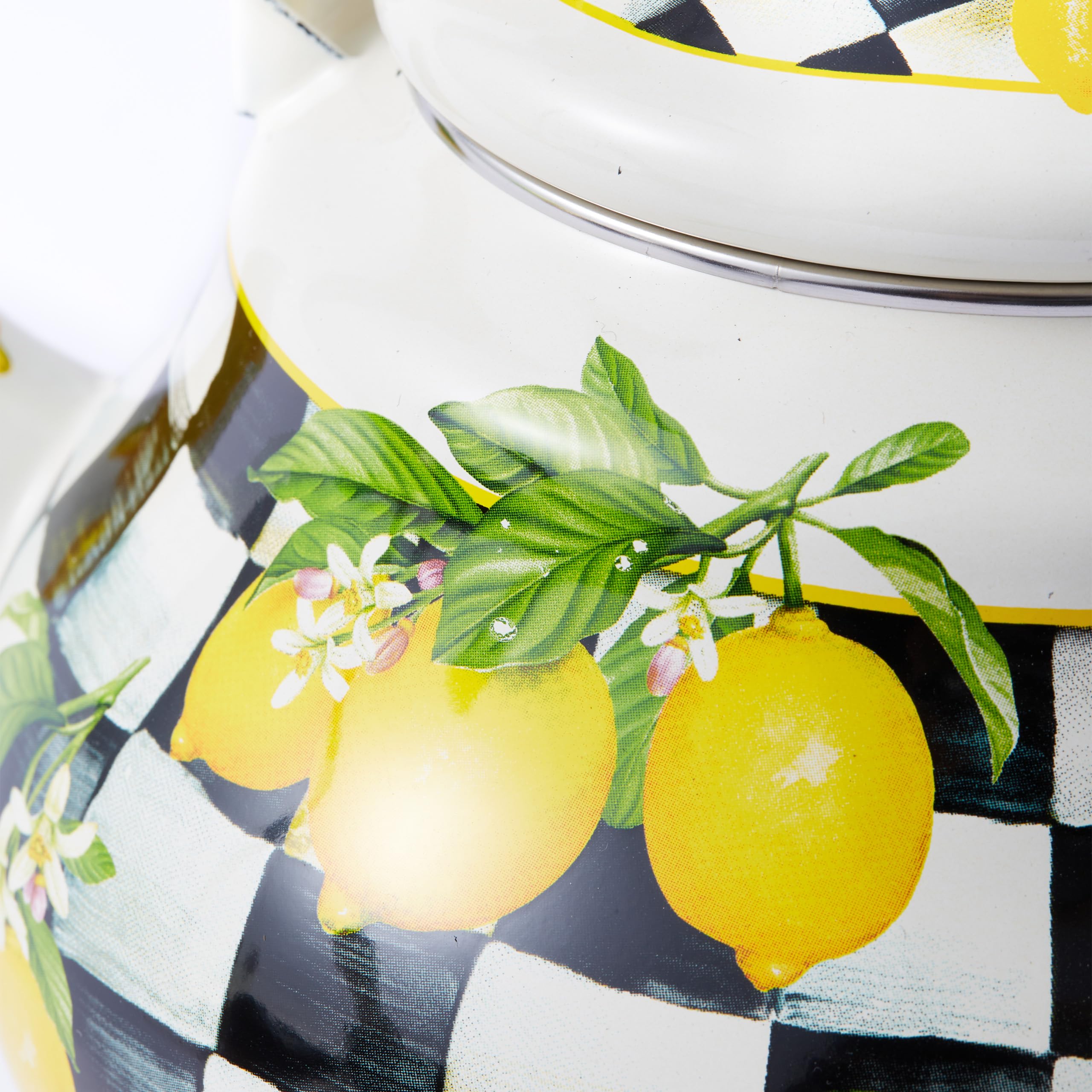 Bold lemon accents on checkered kettle as decor accent