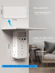 Removable shelf on wall outlet extender for phones keys and smartwatches