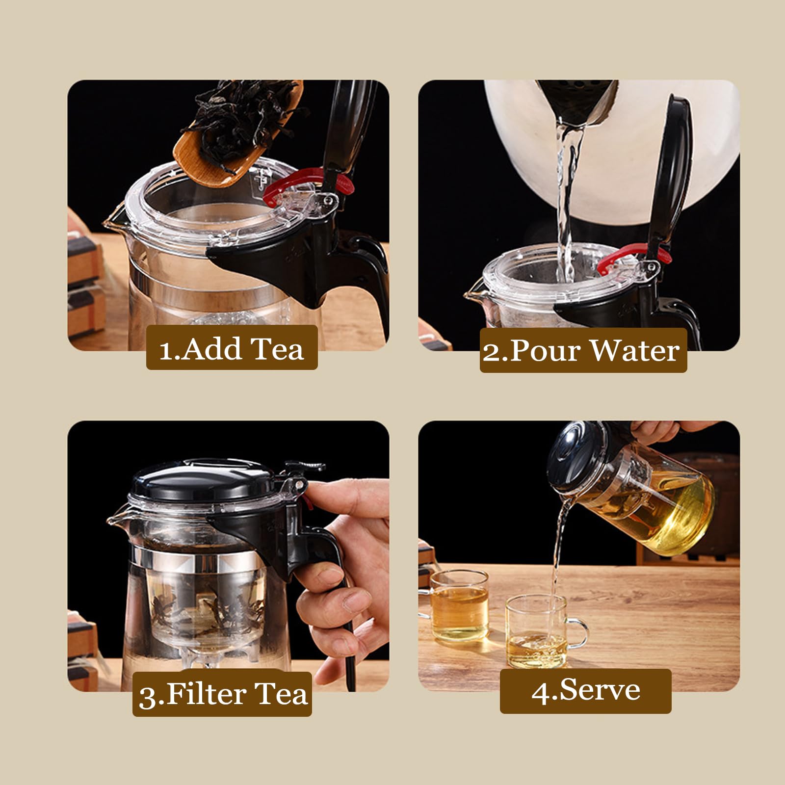 Clear borosilicate glass teapot showing brewing process