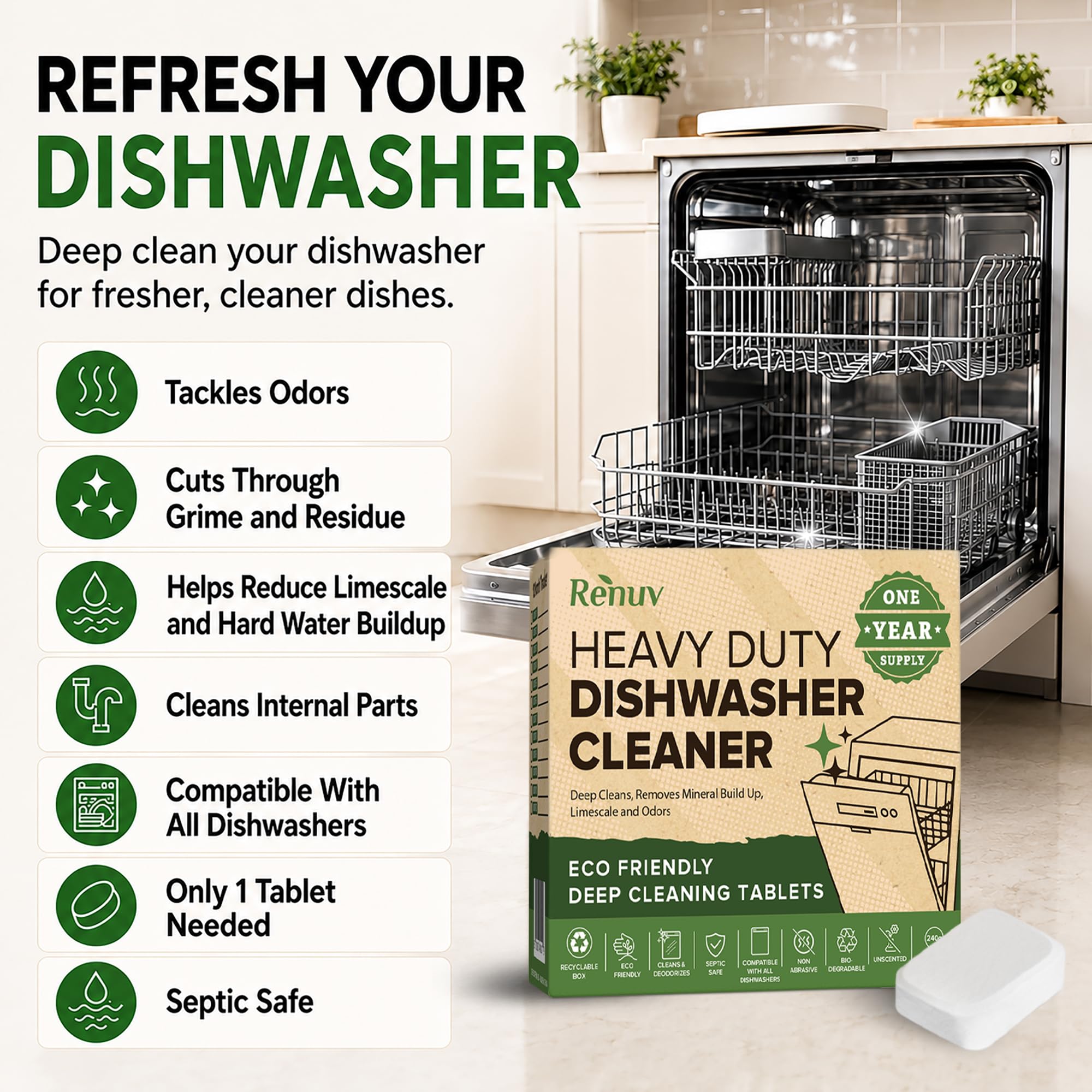 Dishwasher cleaner descaler and deodorizer compatible with major brands