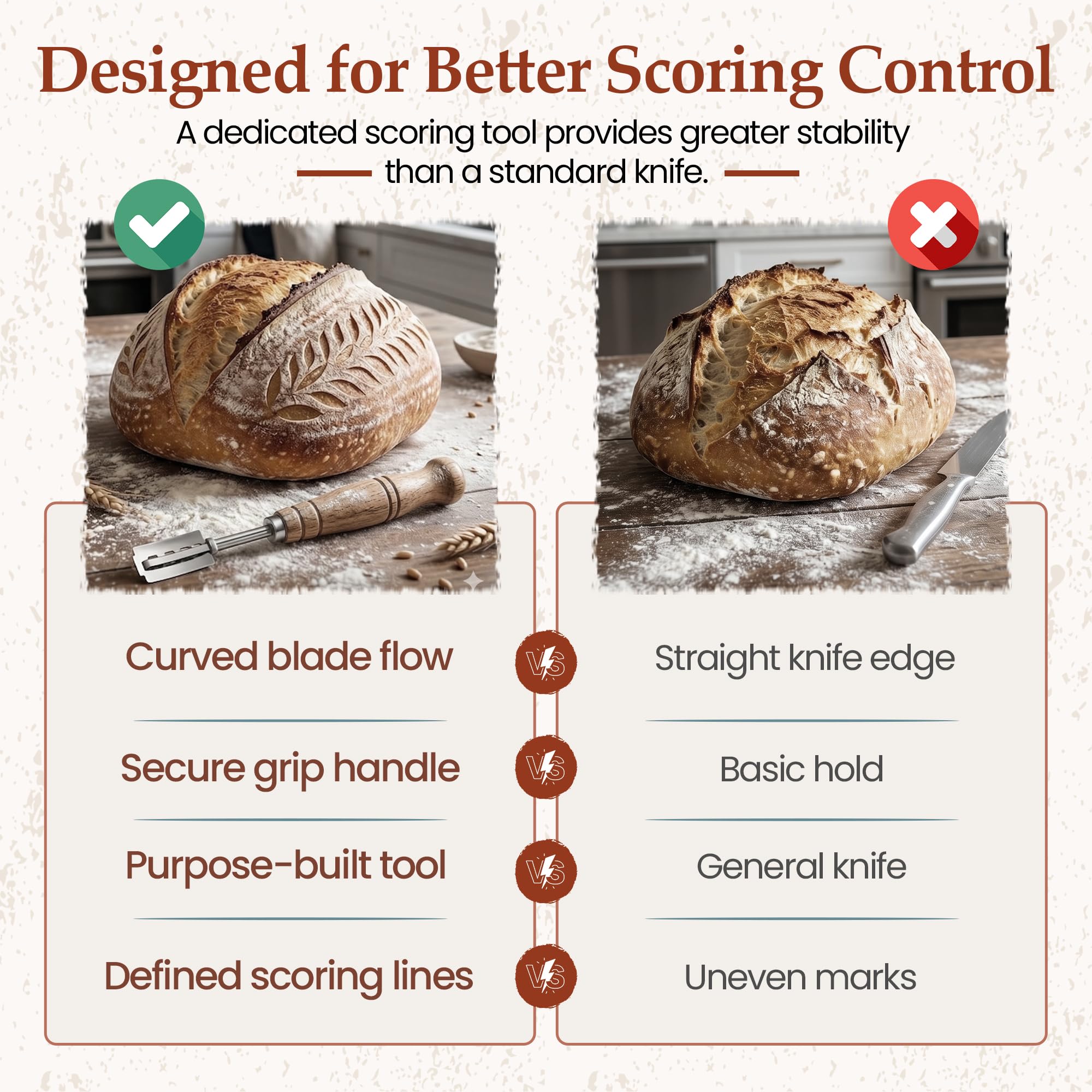 Bread scoring tool for sourdough boules and baguettes