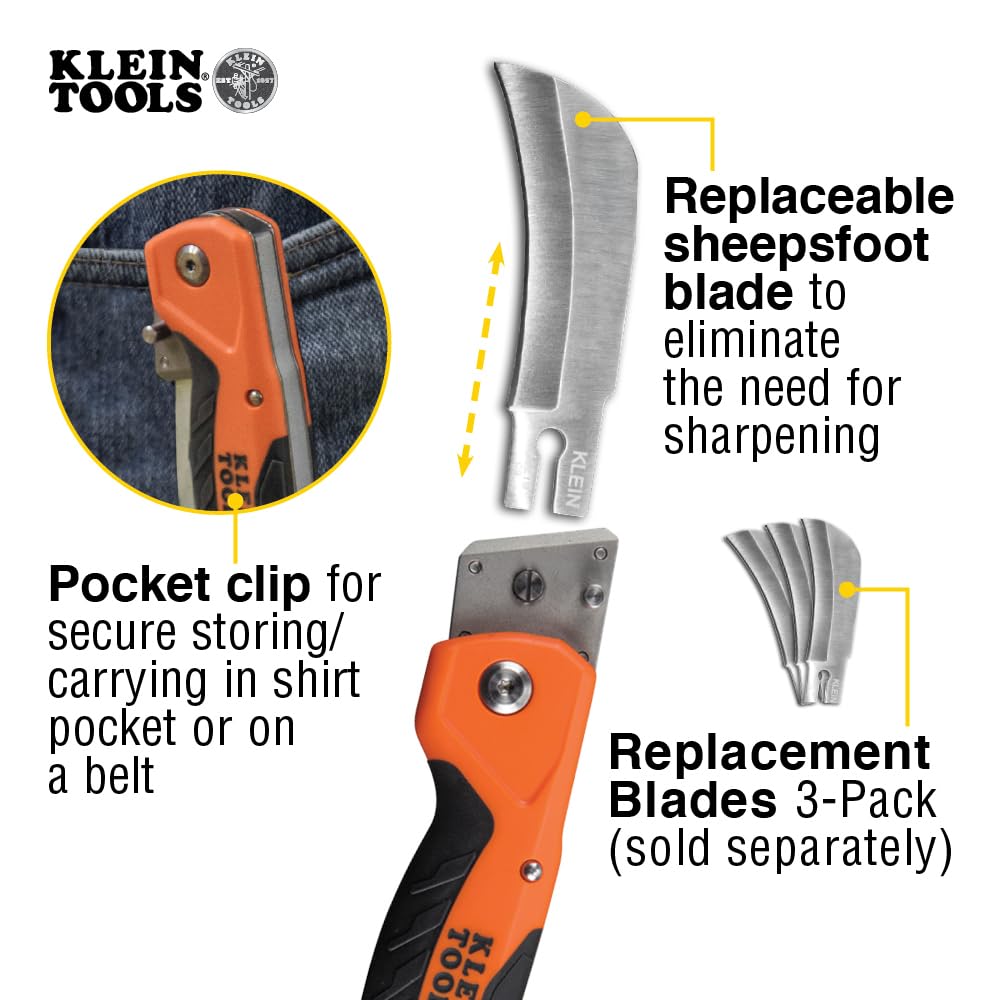 Replaceable blades with captive screw on Klein Tools knife