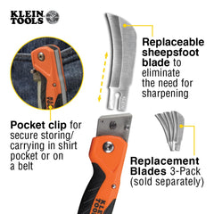 Replaceable blades with captive screw on Klein Tools knife