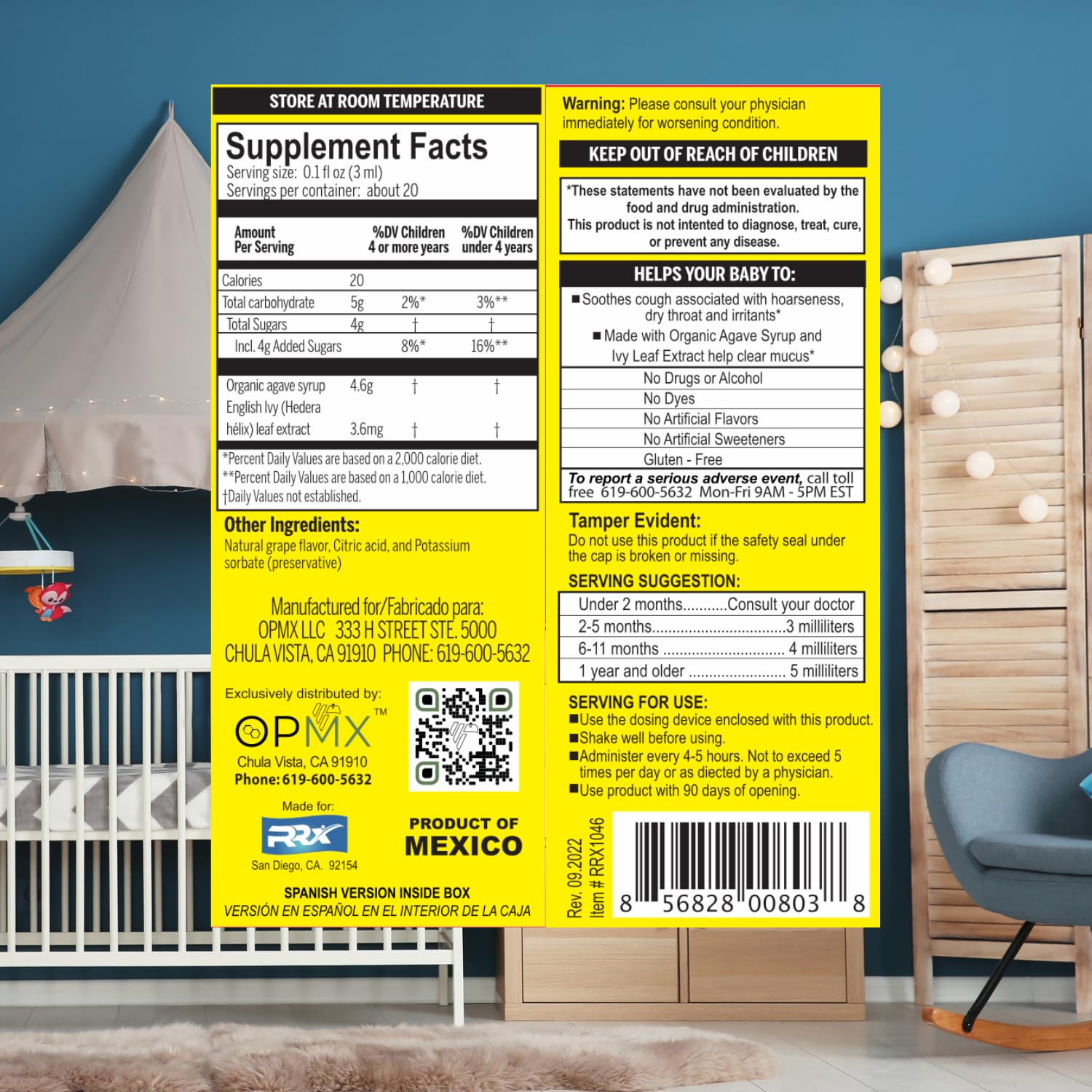 Infant cough syrup packaging showing alcohol-free and dye-free