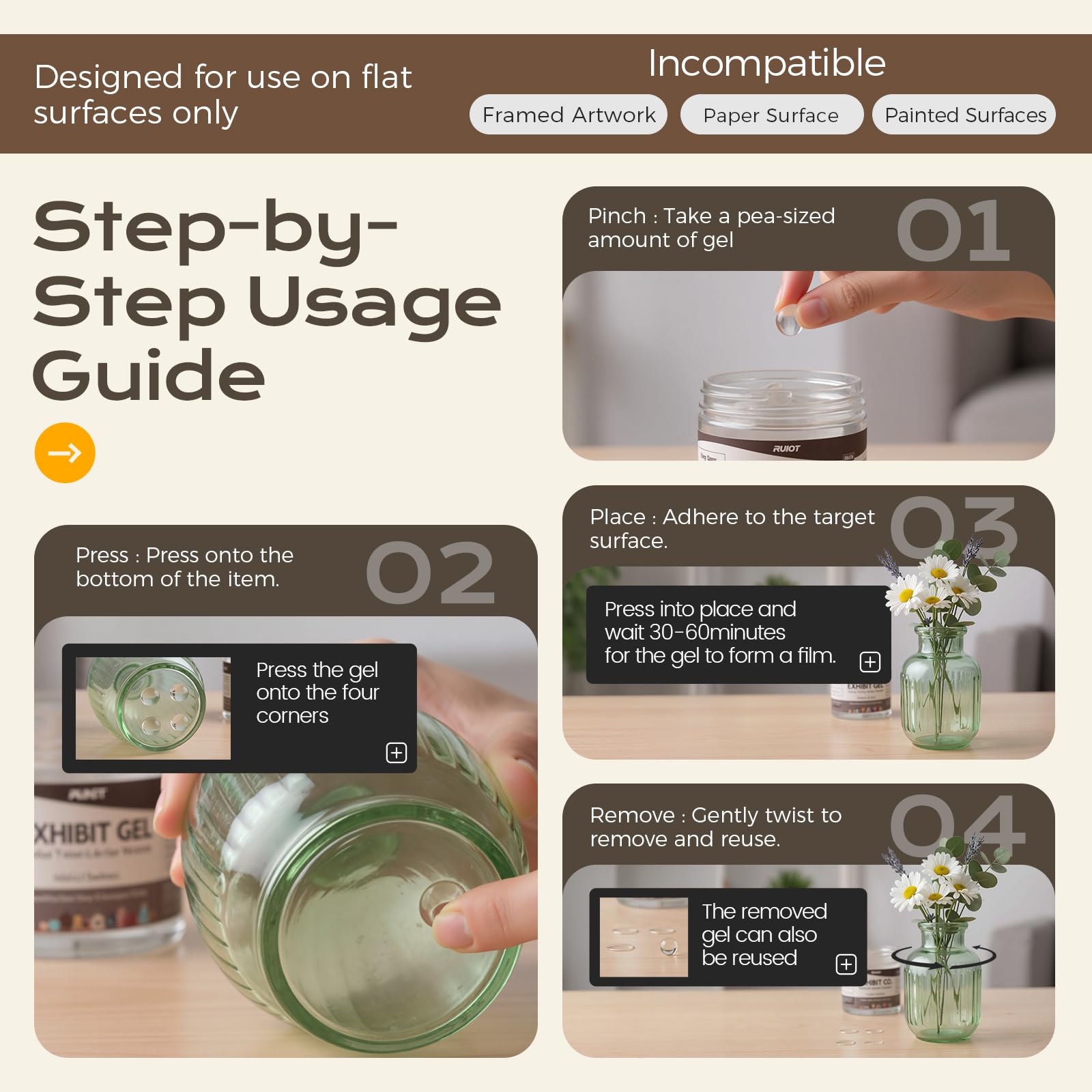 Horizontal surface use only exhibit gel