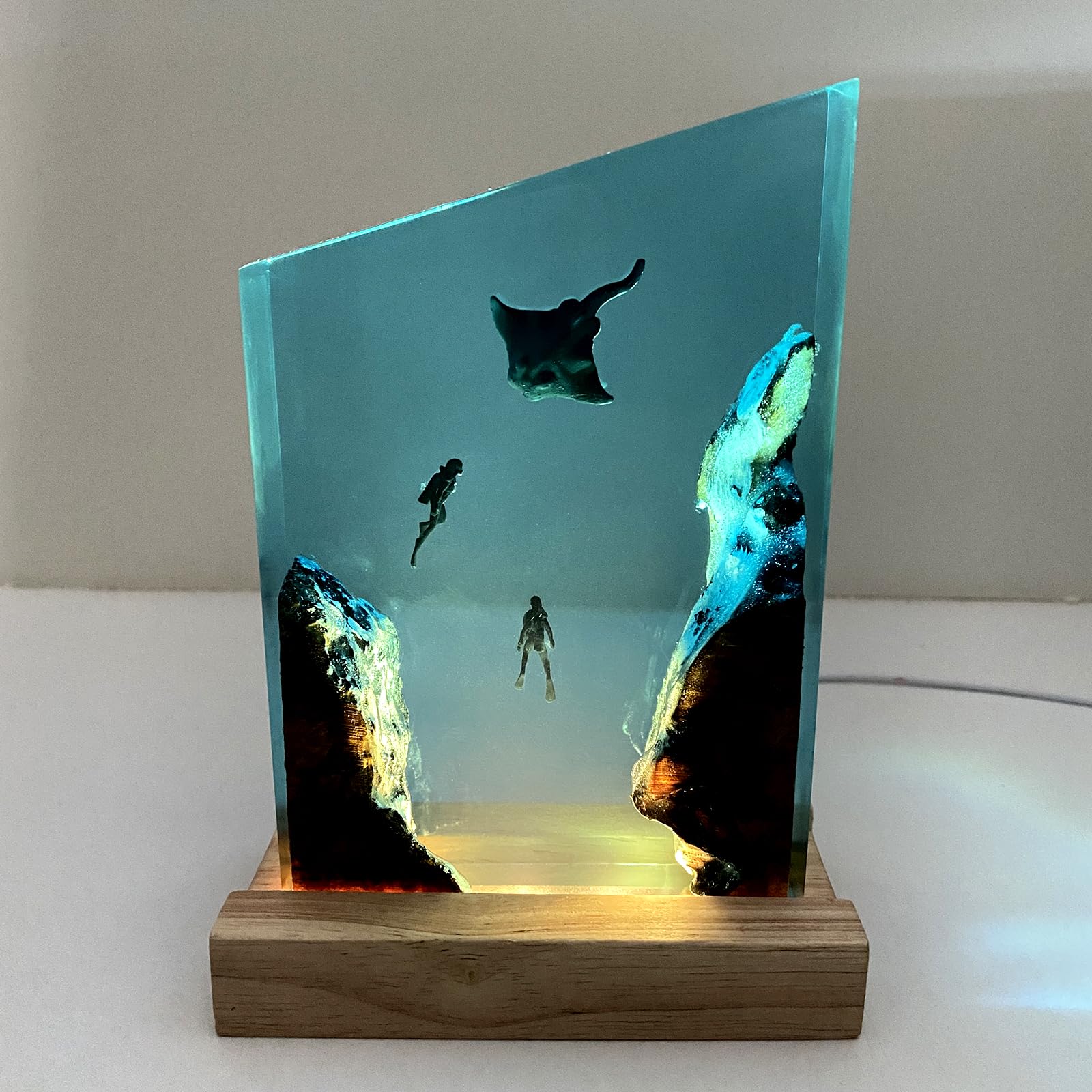 Batfish divers scene resin night light on wood base