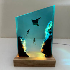 Batfish divers scene resin night light on wood base