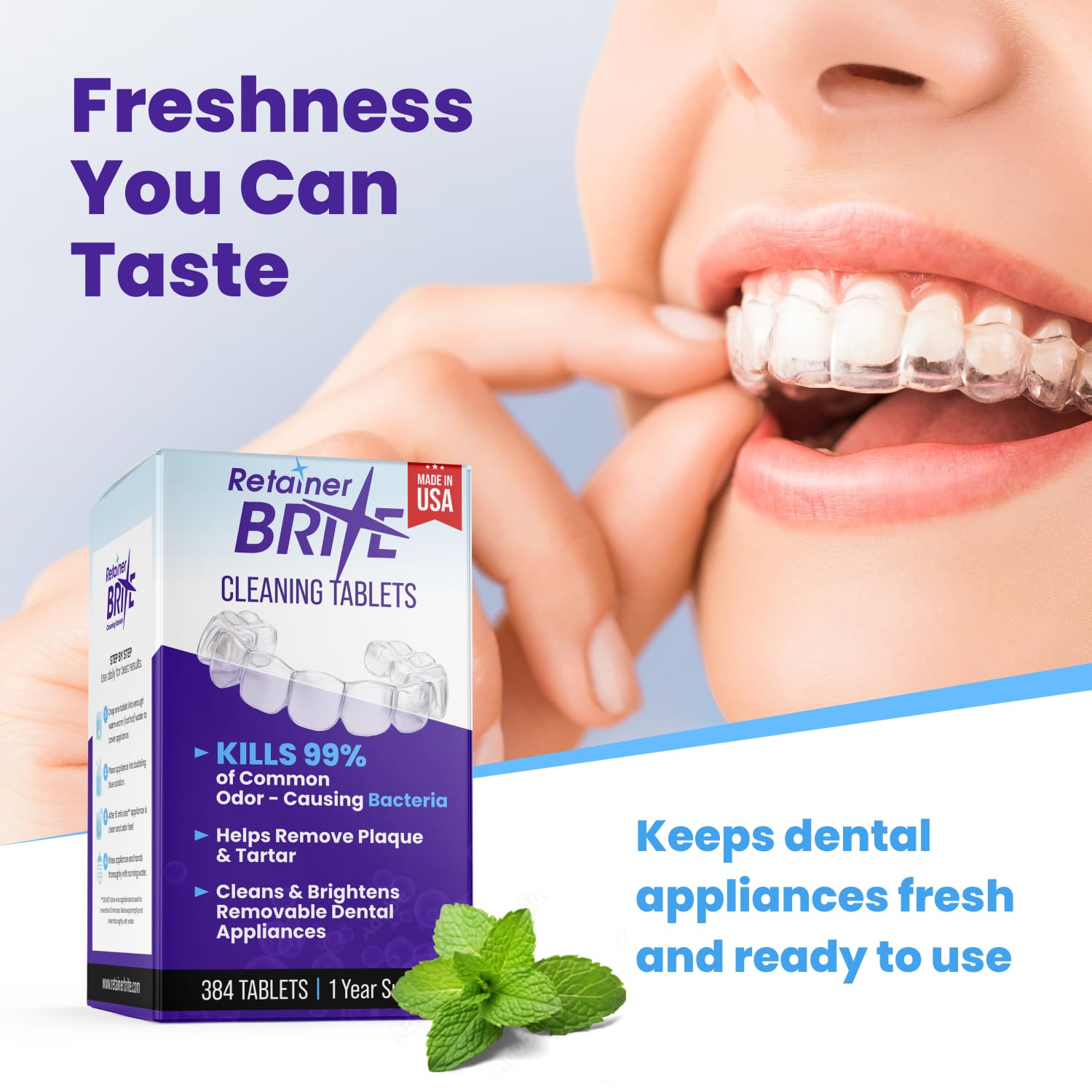 Removable dental appliances care with Retainer Brite