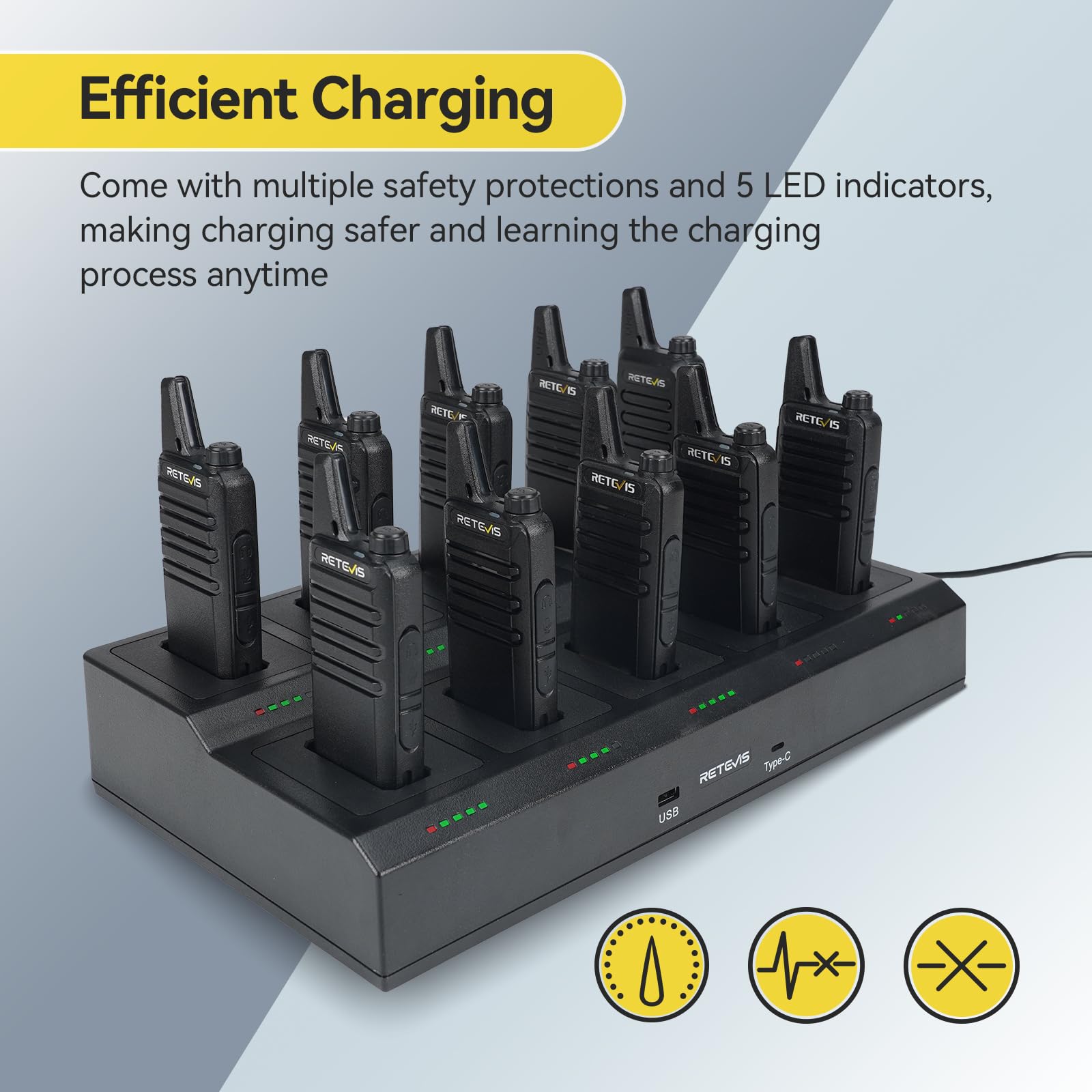 Retevis RT22 compact walkie talkies desk charging setup