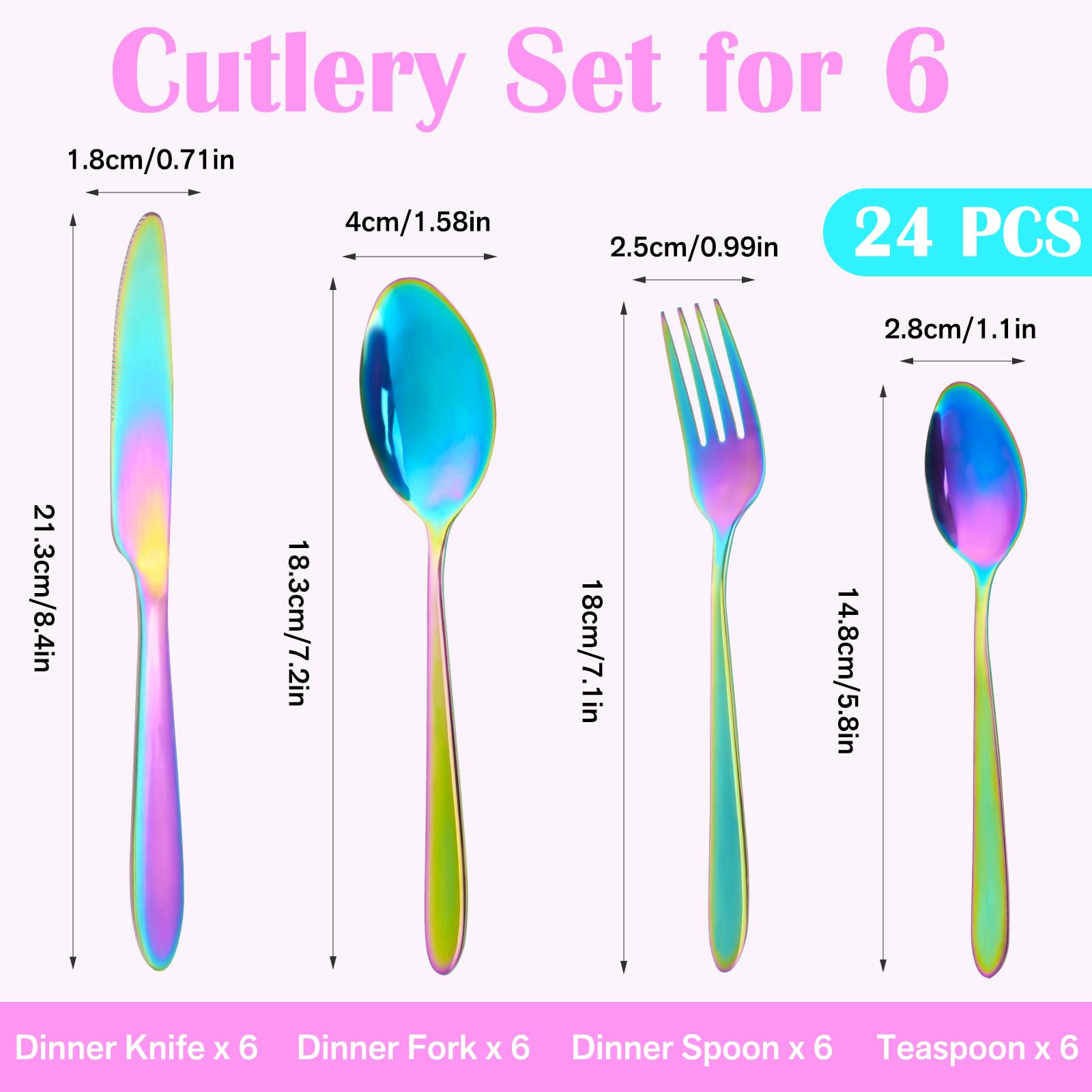 Stainless steel rainbow flatware knife with serrated edge