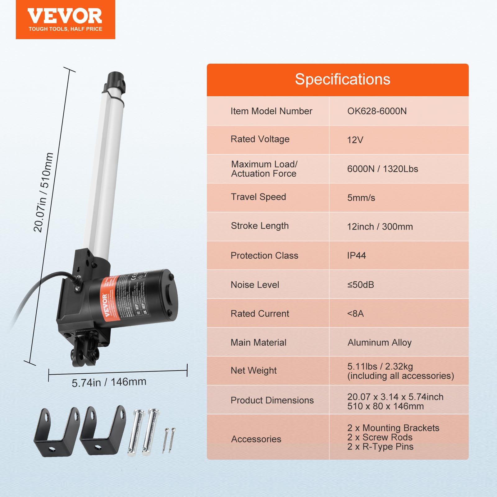 Extended length 32.07 inches for 12V actuator