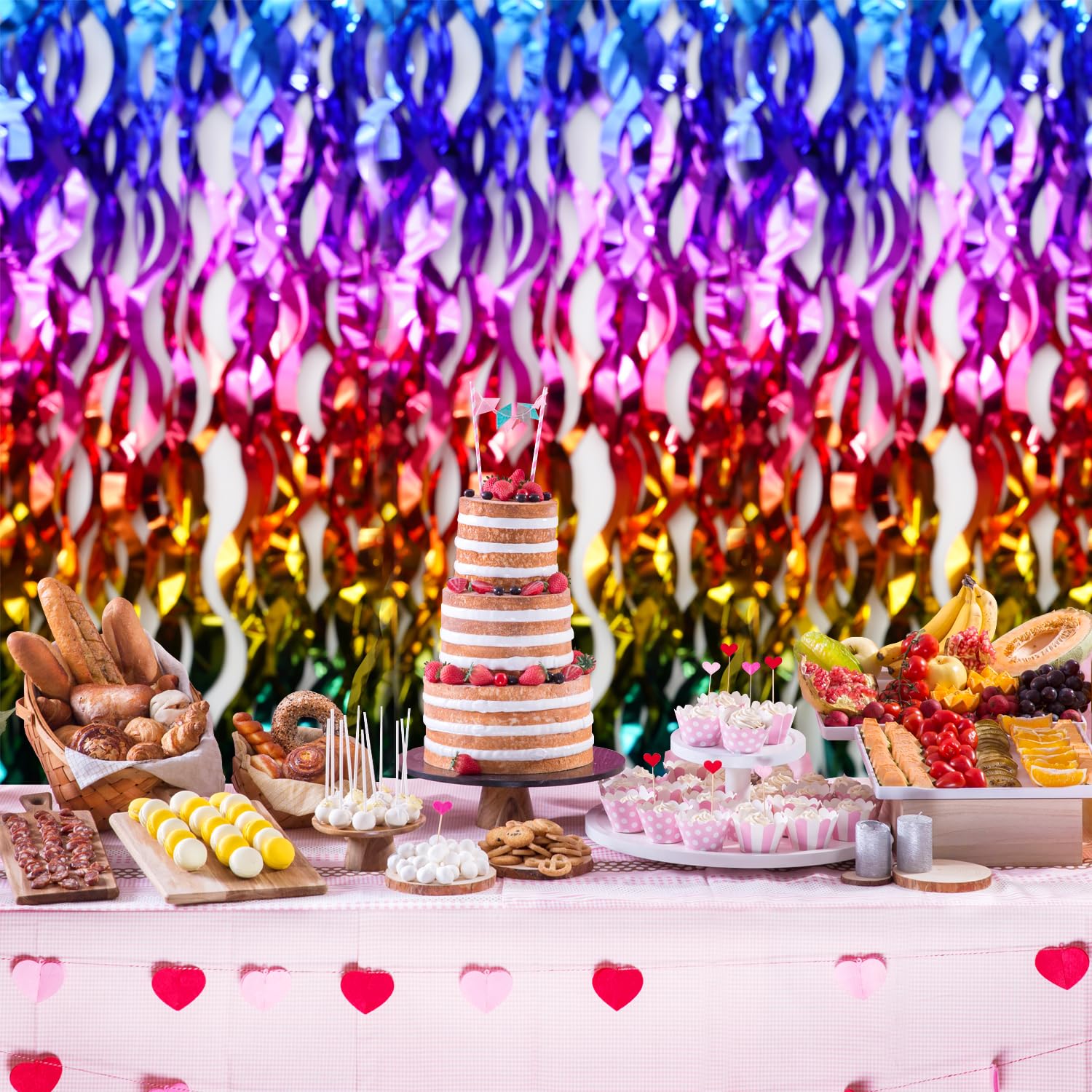 Versatile rainbow foil fringe backdrop for photo walls