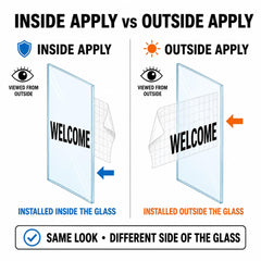 Reverse-cut No Soliciting text viewed from outside through glass